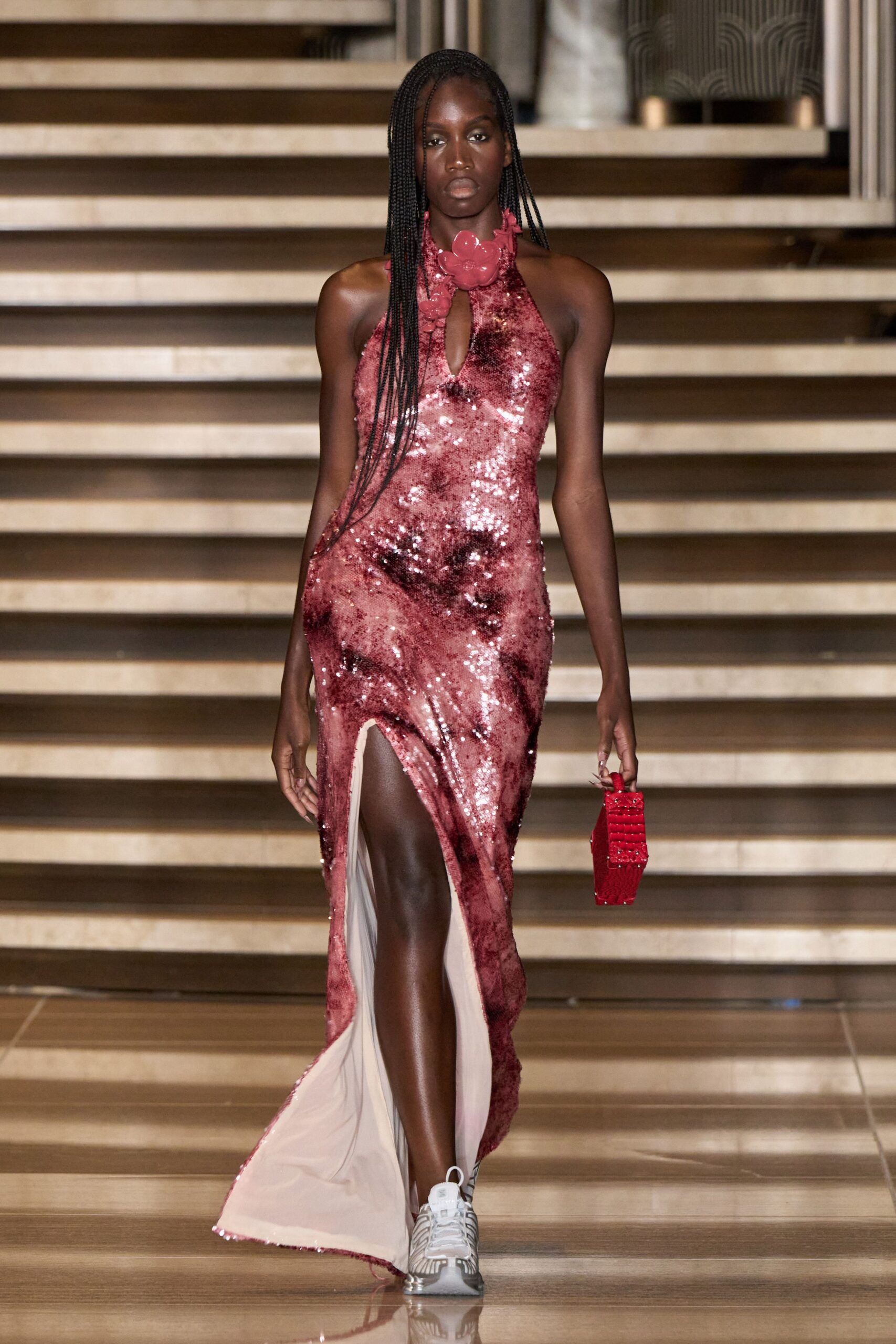 red sequin sleeveless v-neck fitted draped shiny gown