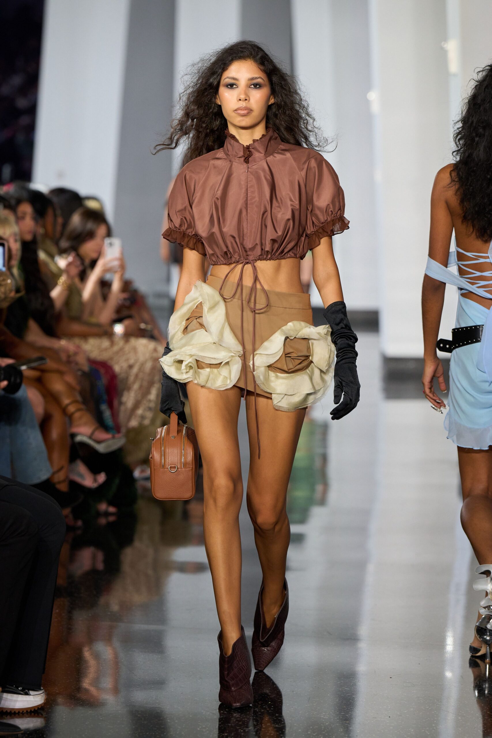 brown silk short-sleeve collared fitted ruffled cropped top