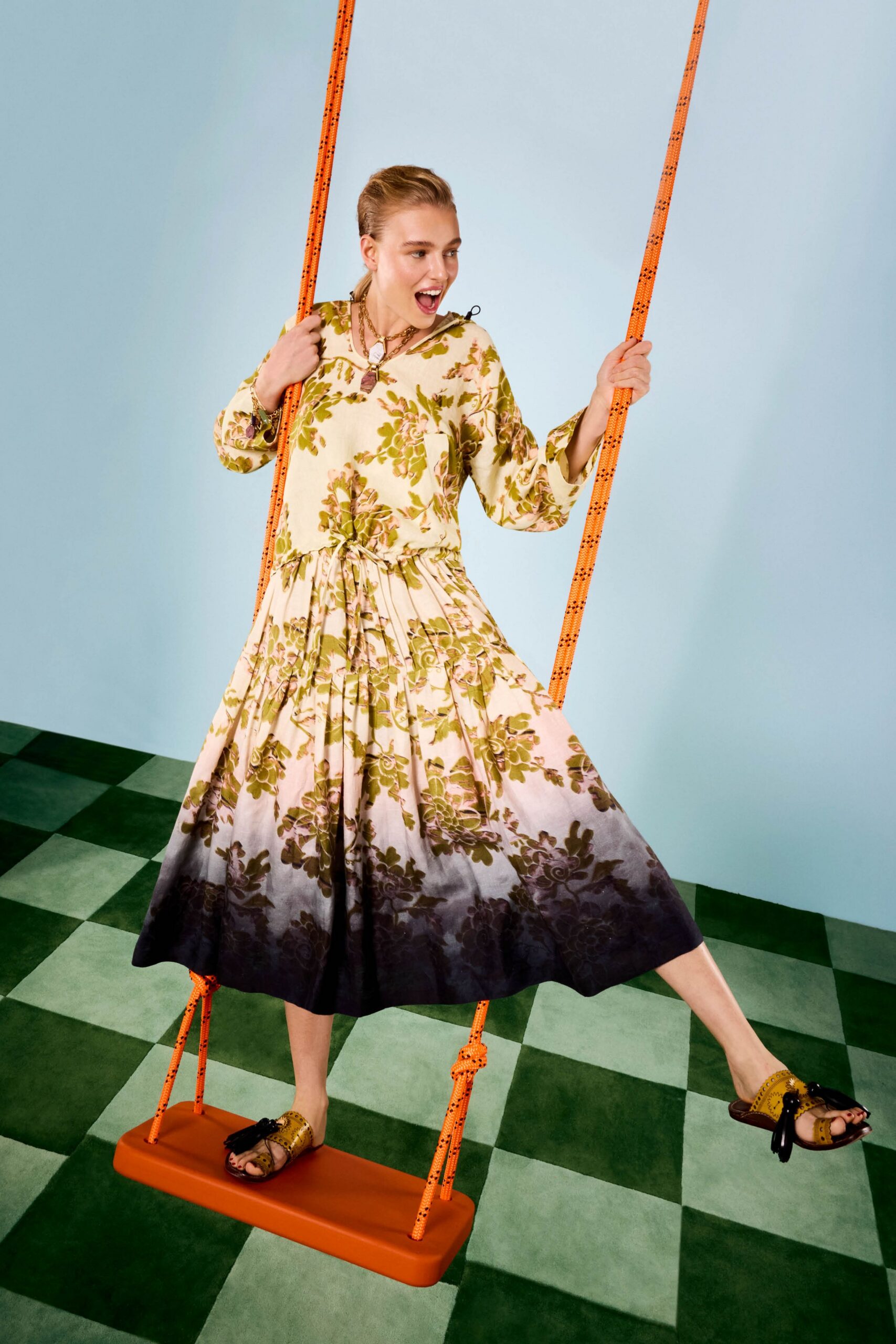 yellow cotton long-sleeve collared relaxed floral pleated dress