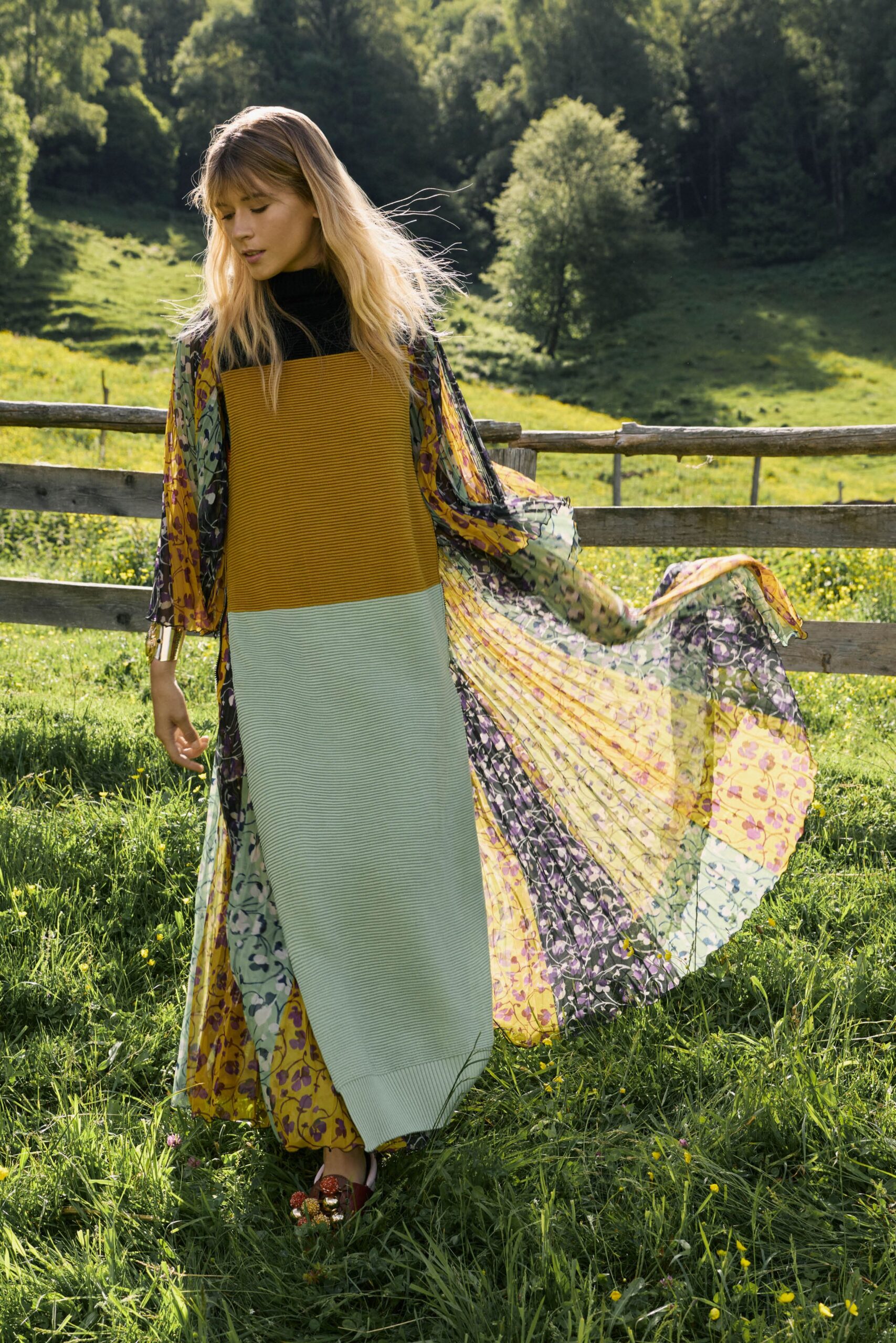 yellow cotton long-sleeve relaxed color-blocked flared flowing dress
