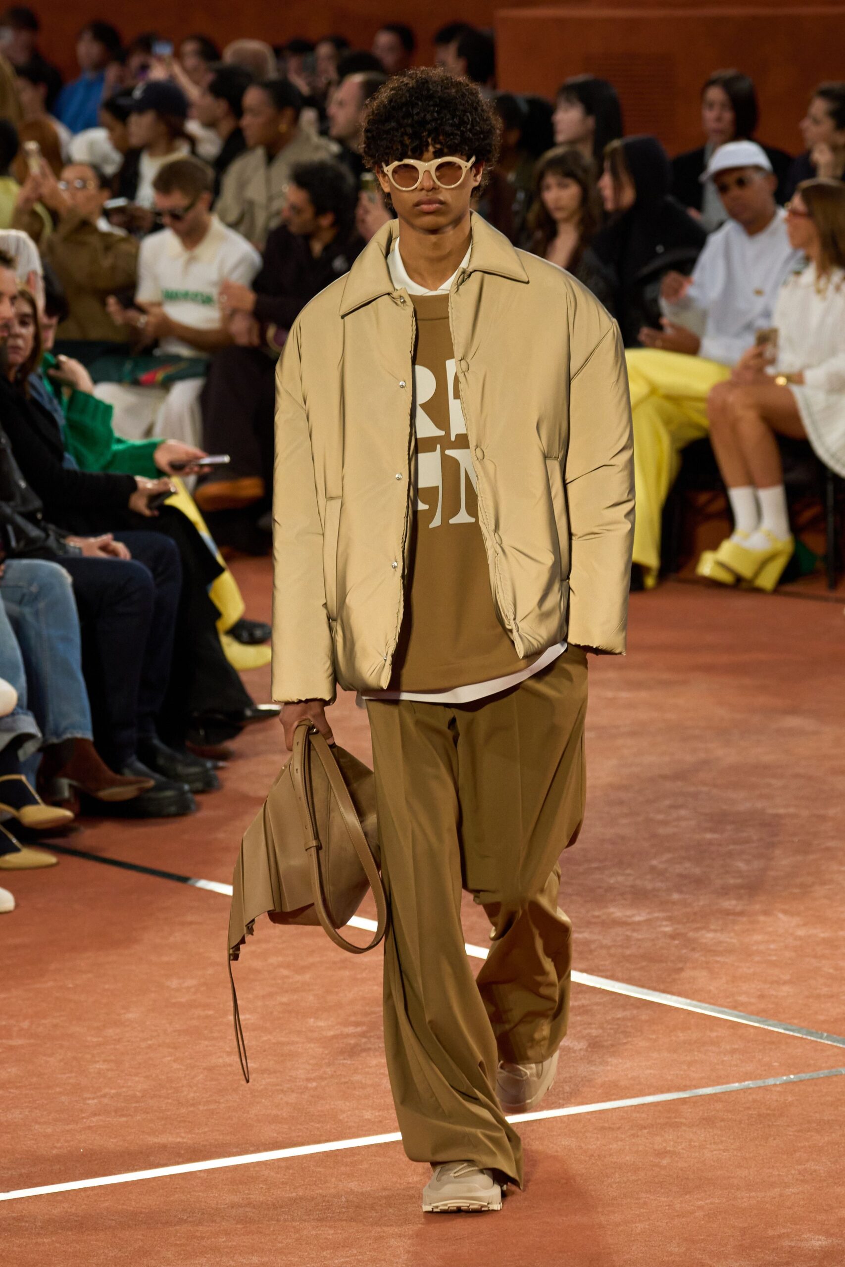 beige relaxed jacket with brown t-shirt