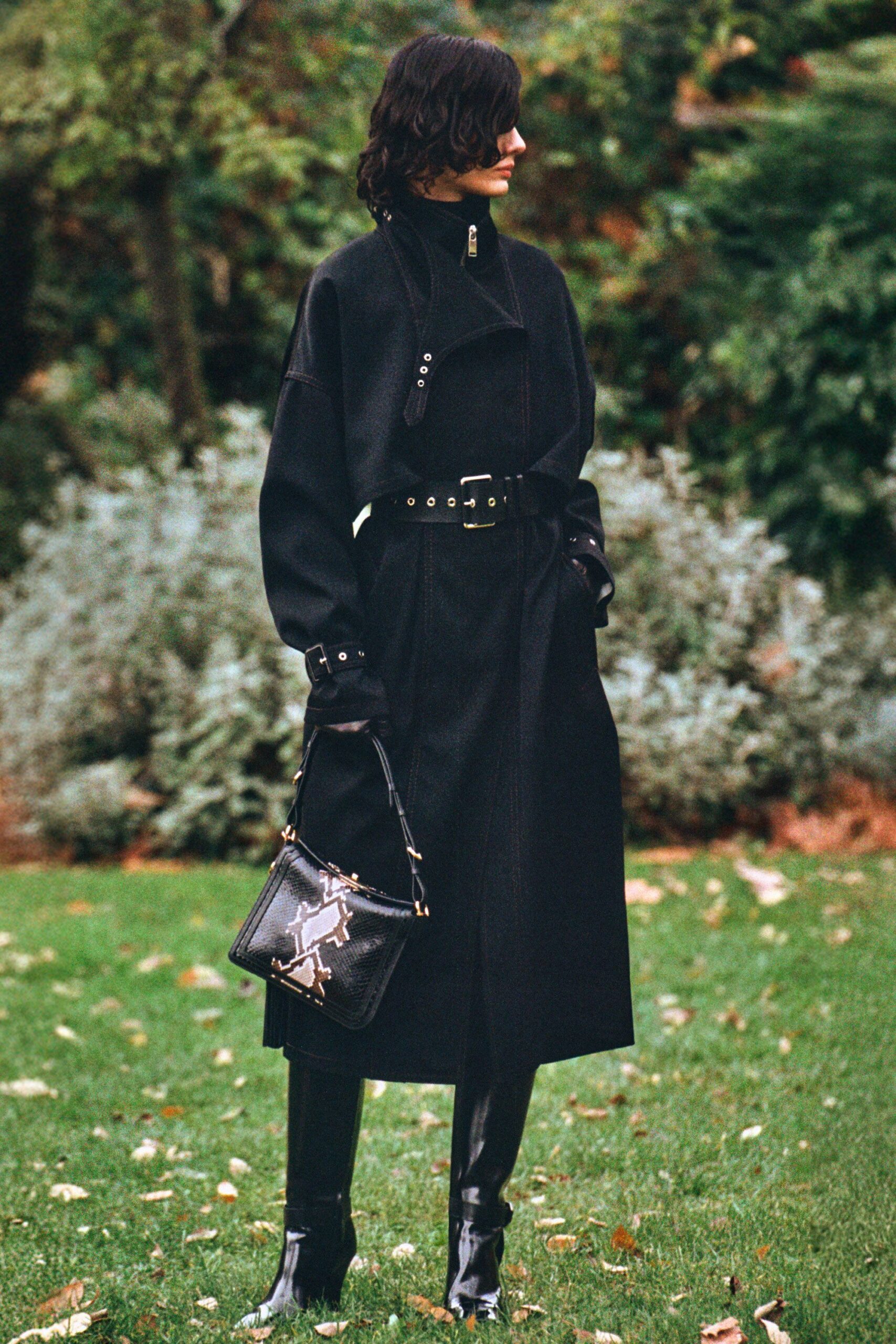 black wool long-sleeve collared fitted belted midi coat