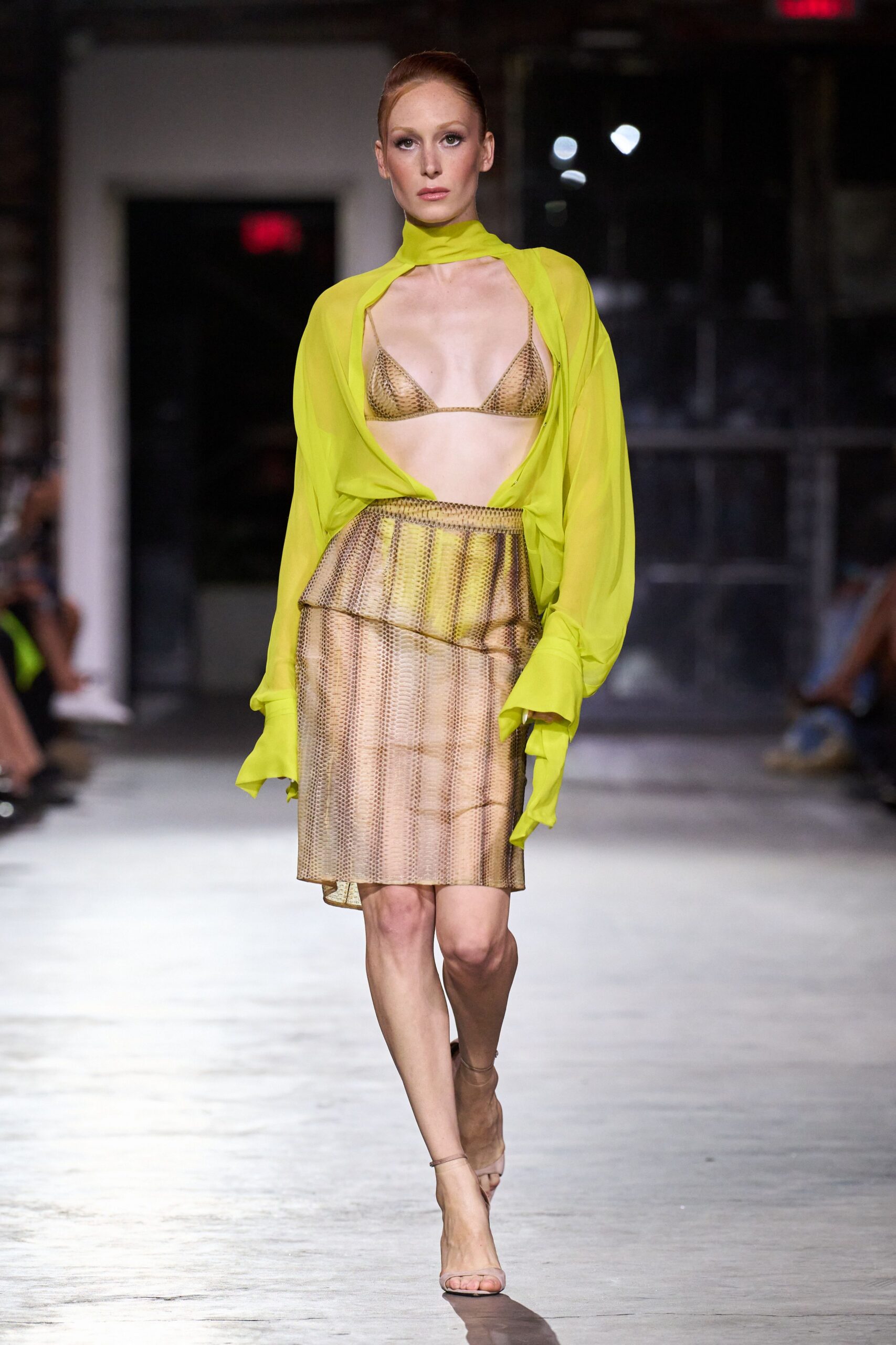 neon yellow chiffon top with gold bikini