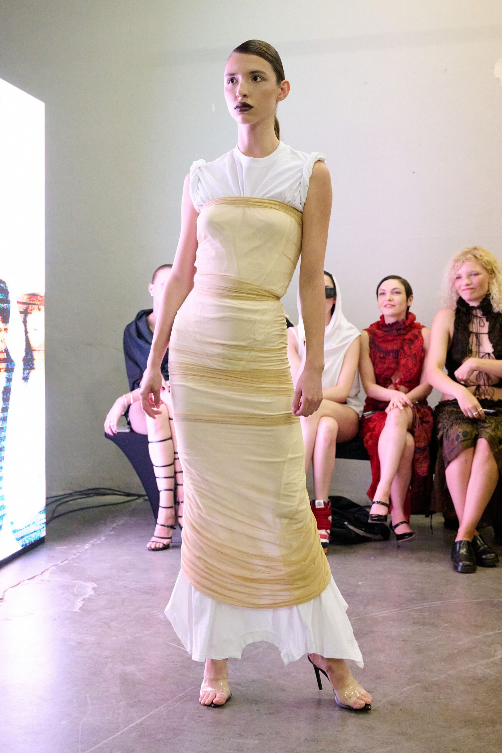 beige silk sleeveless v-neck fitted ruched layered dress