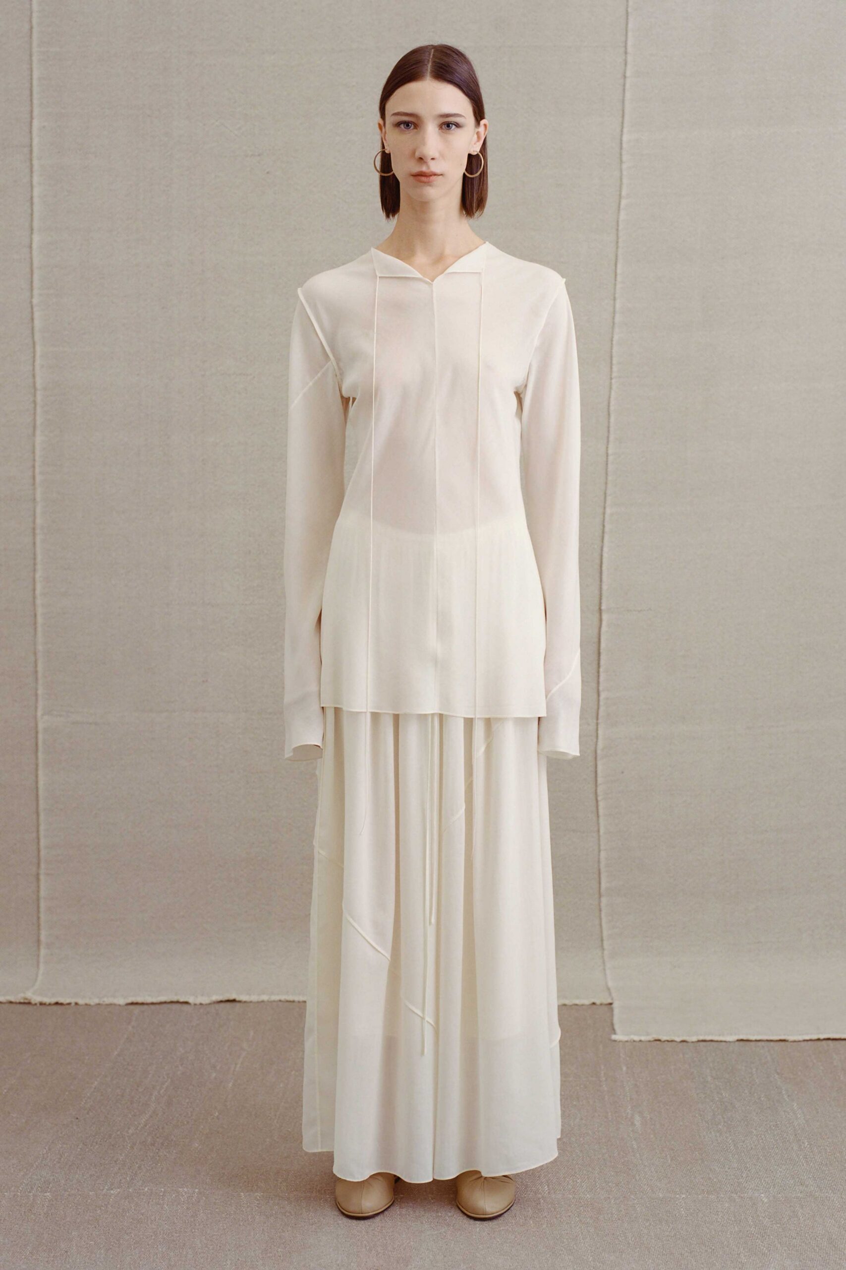 white silk long-sleeve hooded relaxed pleated sheer top