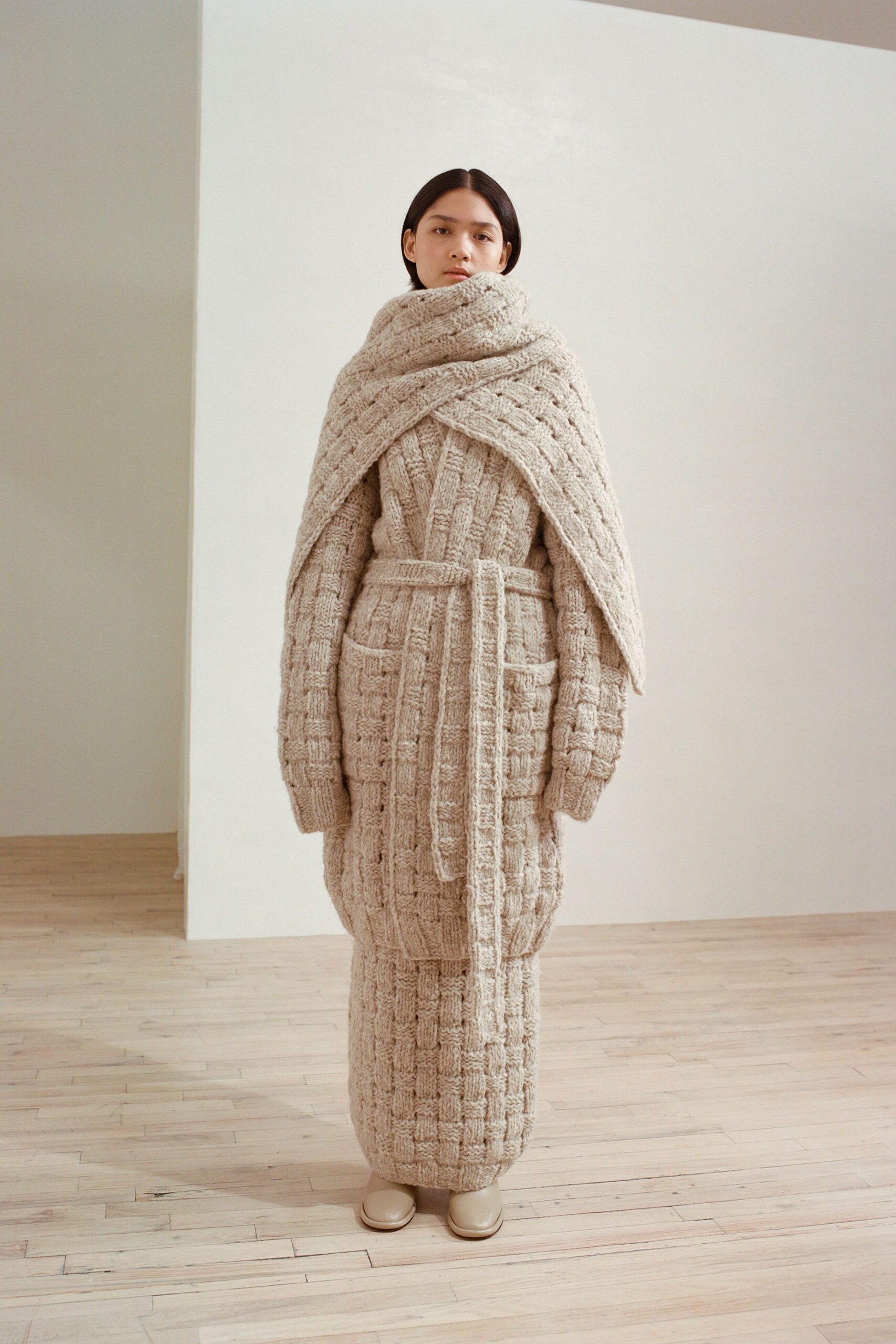 beige wool long-sleeve collared fitted belted textured dress