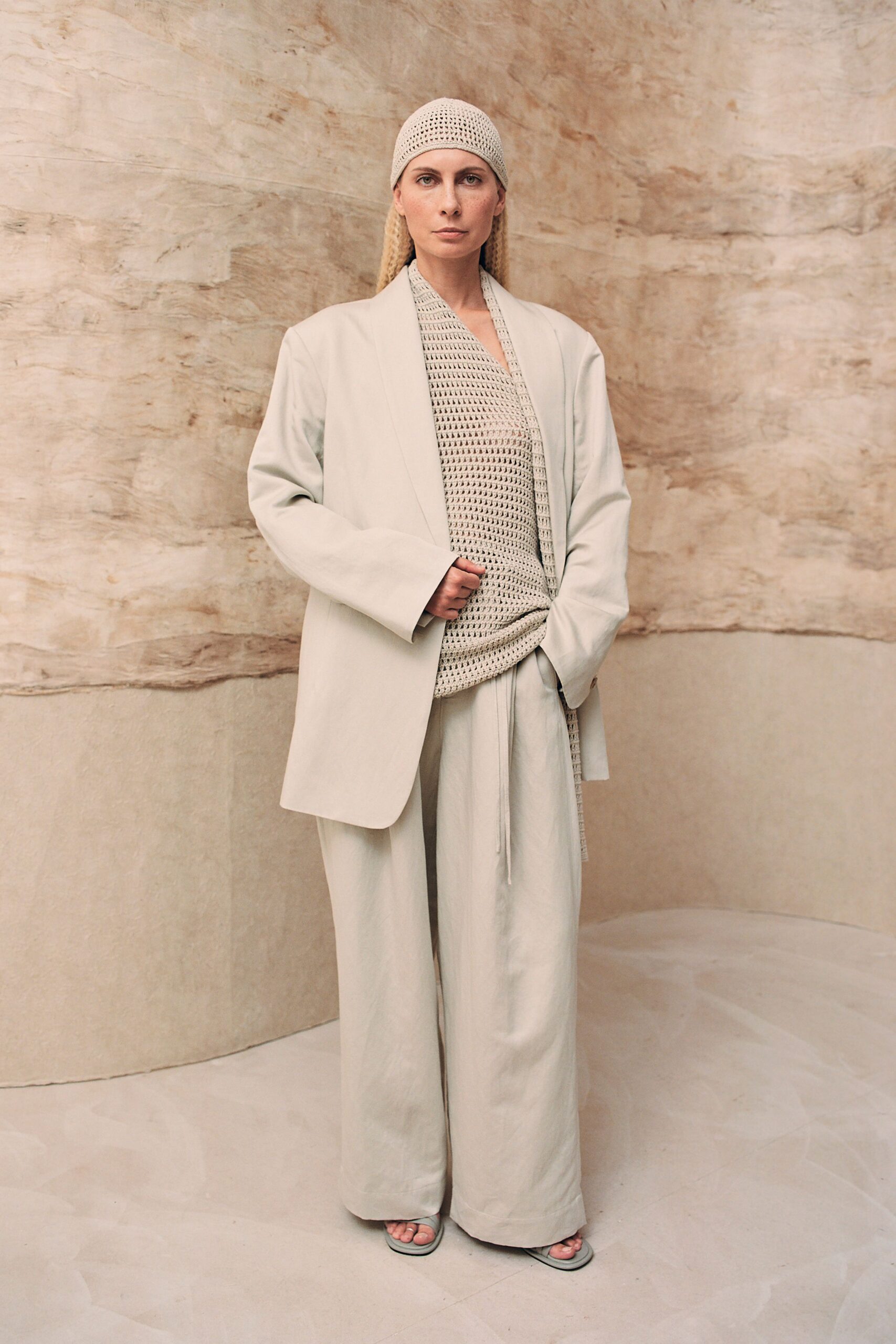 beige relaxed blazer and pants