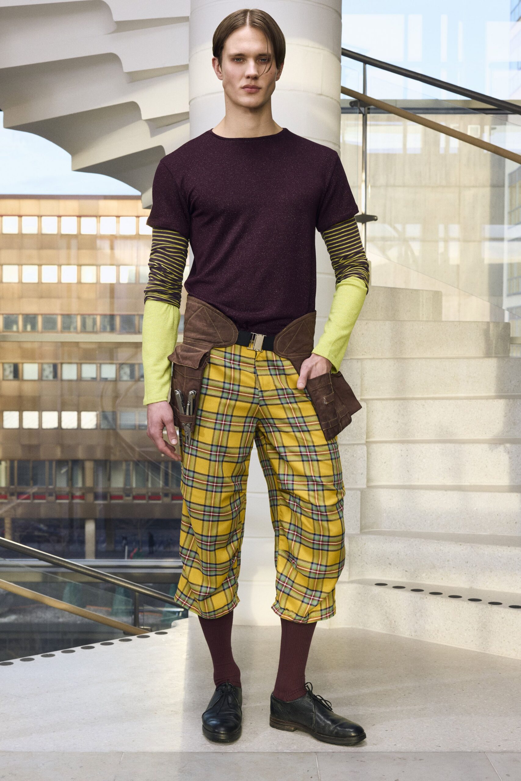 maroon t-shirt with yellow long-sleeve shirt