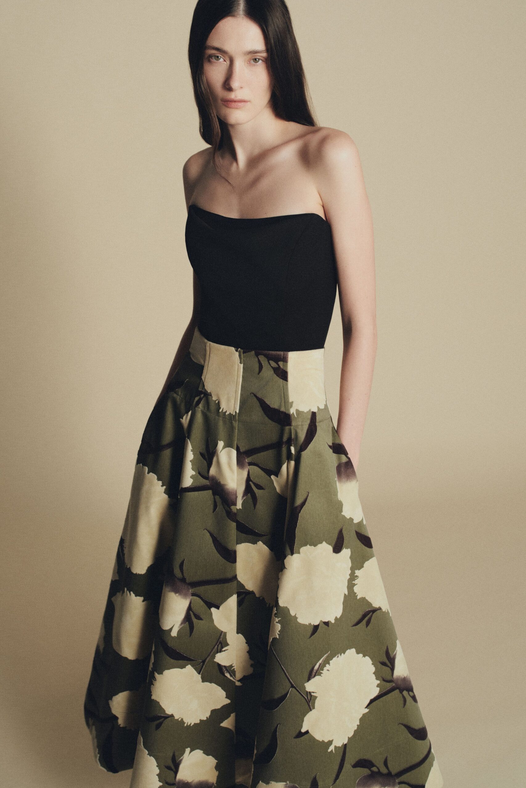 green relaxed pleated flared maxi skirt