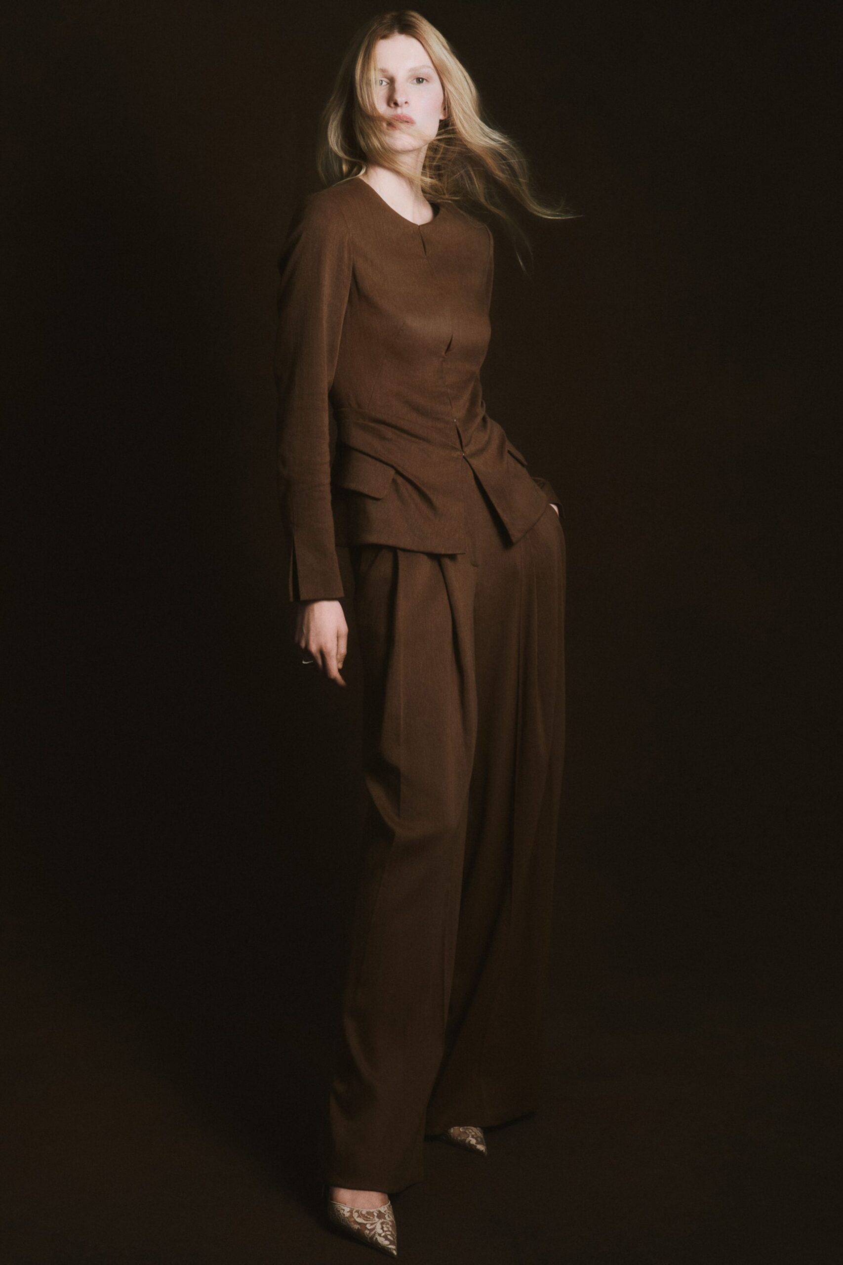 brown fitted blazer and relaxed pants
