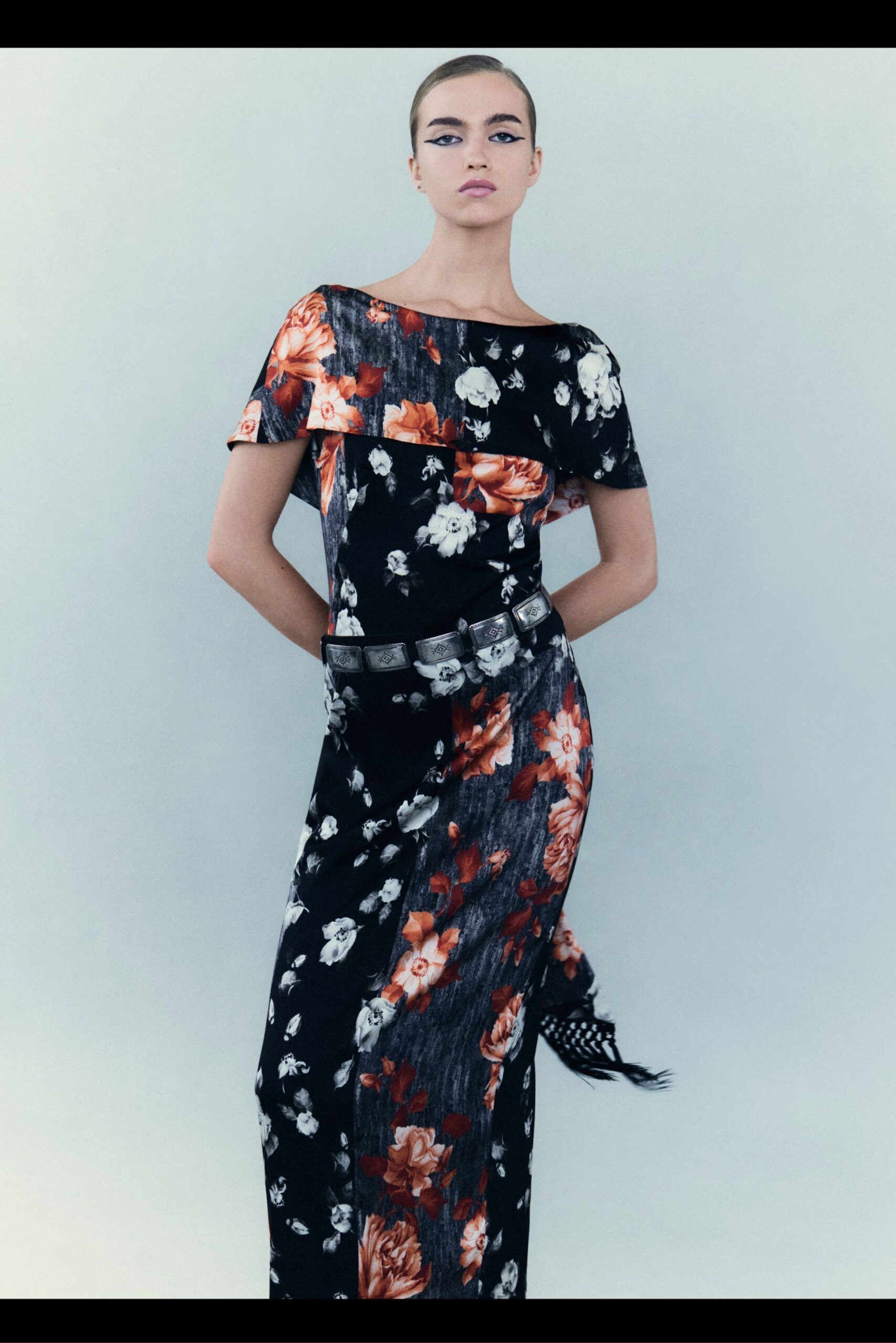 floral off-shoulder maxi dress with belt