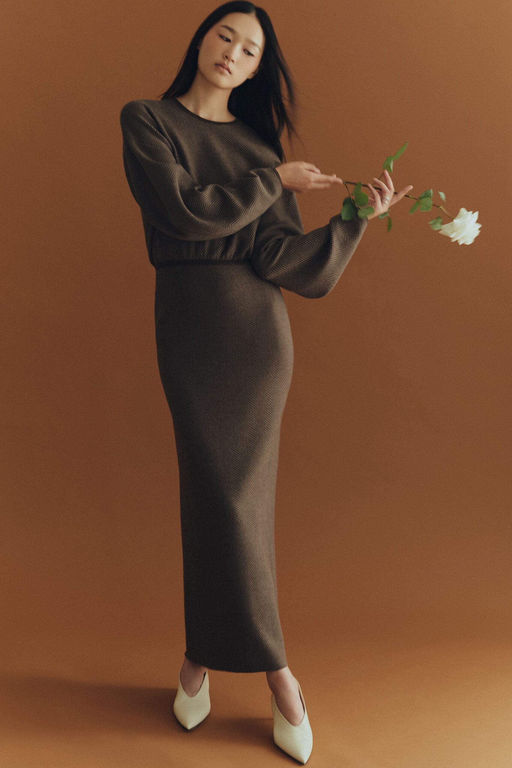 brown knit long-sleeve high-neck fitted straight-leg maxi dress