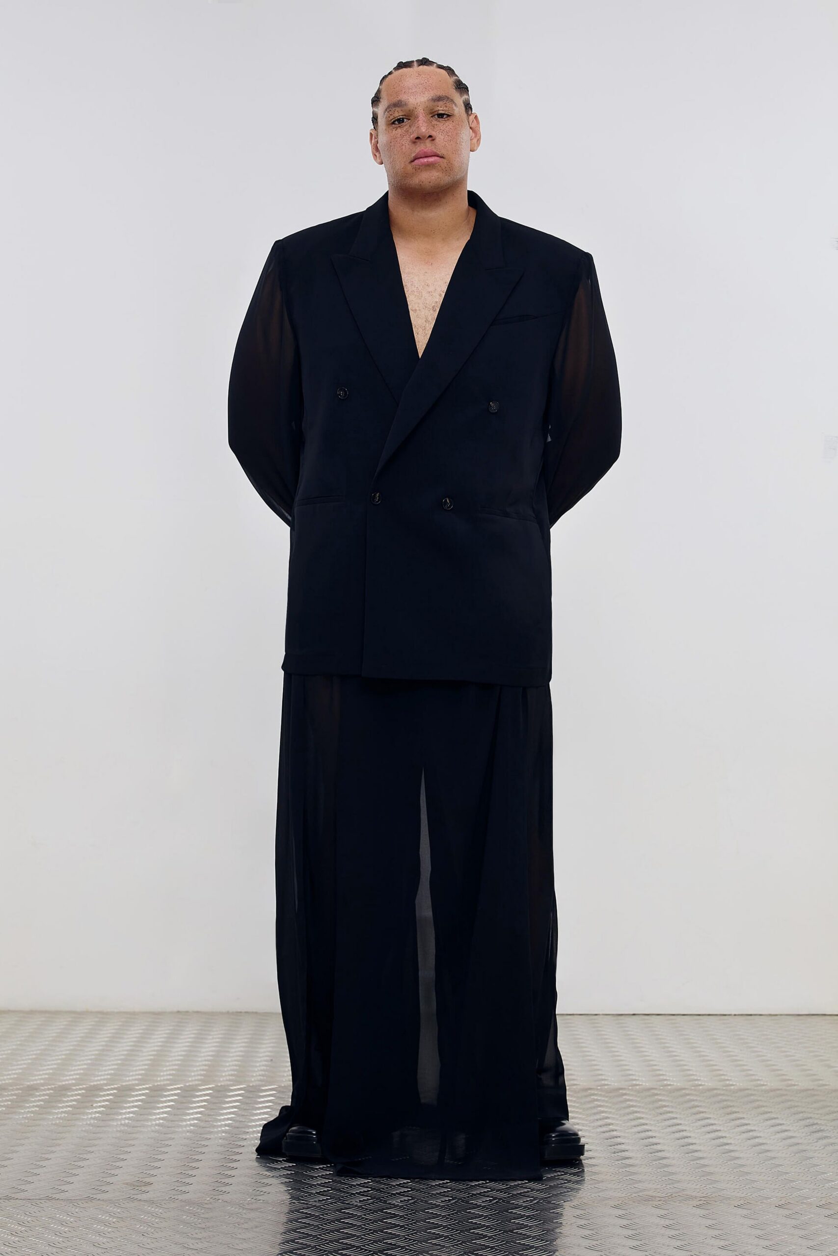 black cotton relaxed layered sheer pants