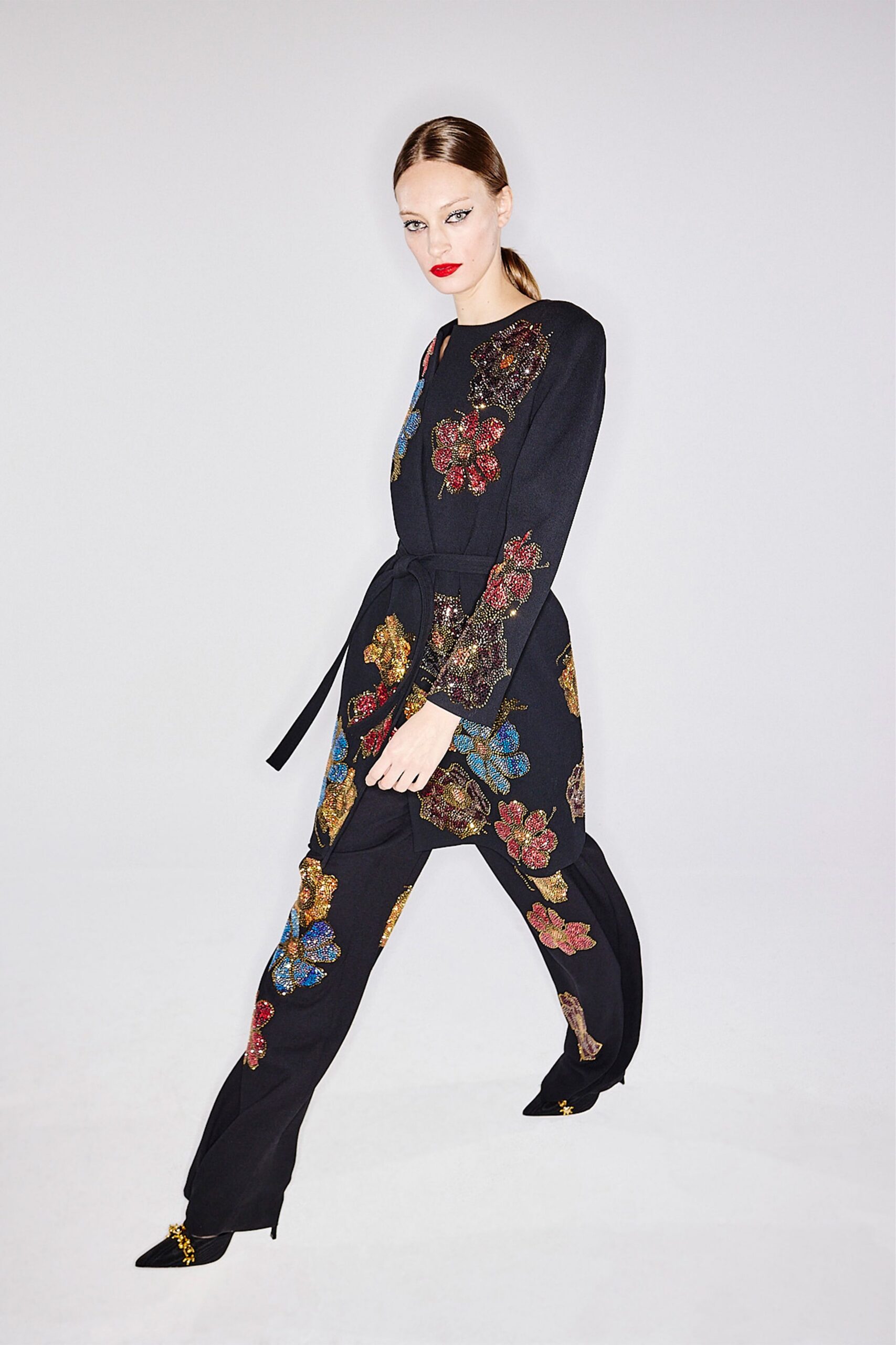 black cotton long-sleeve collared fitted embroidered jumpsuit