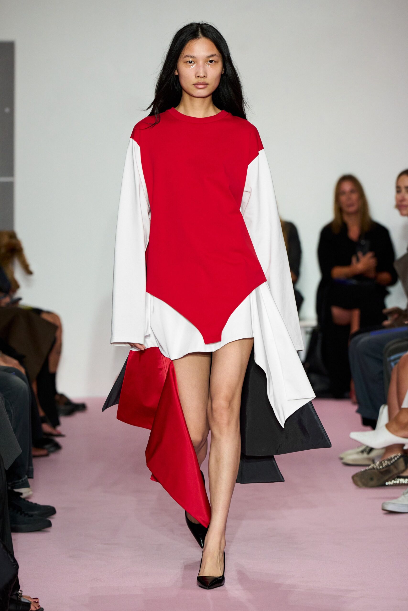 red long-sleeve asymmetric fitted layered mini dress