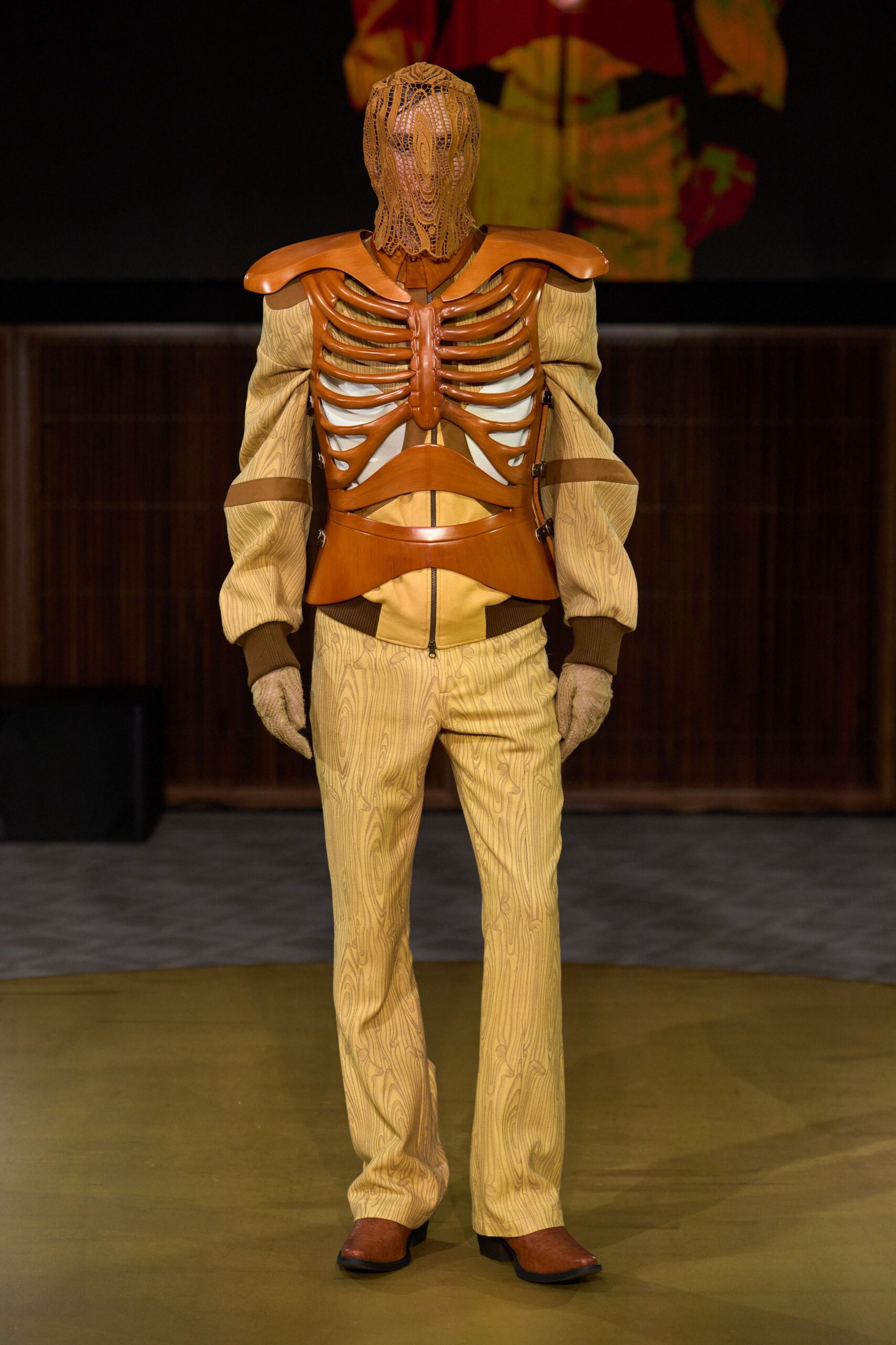 brown leather long-sleeve structured layered jacket
