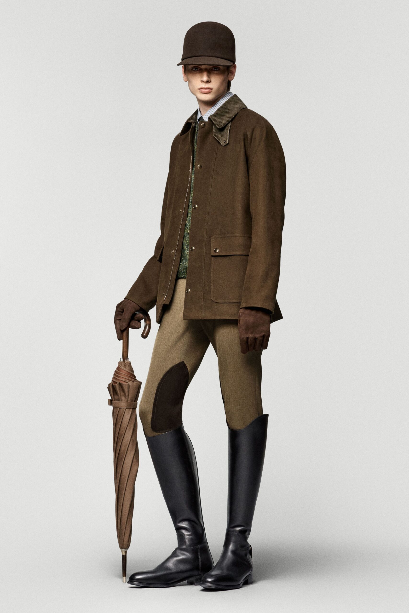 brown suede long-sleeve collared fitted buttoned jacket