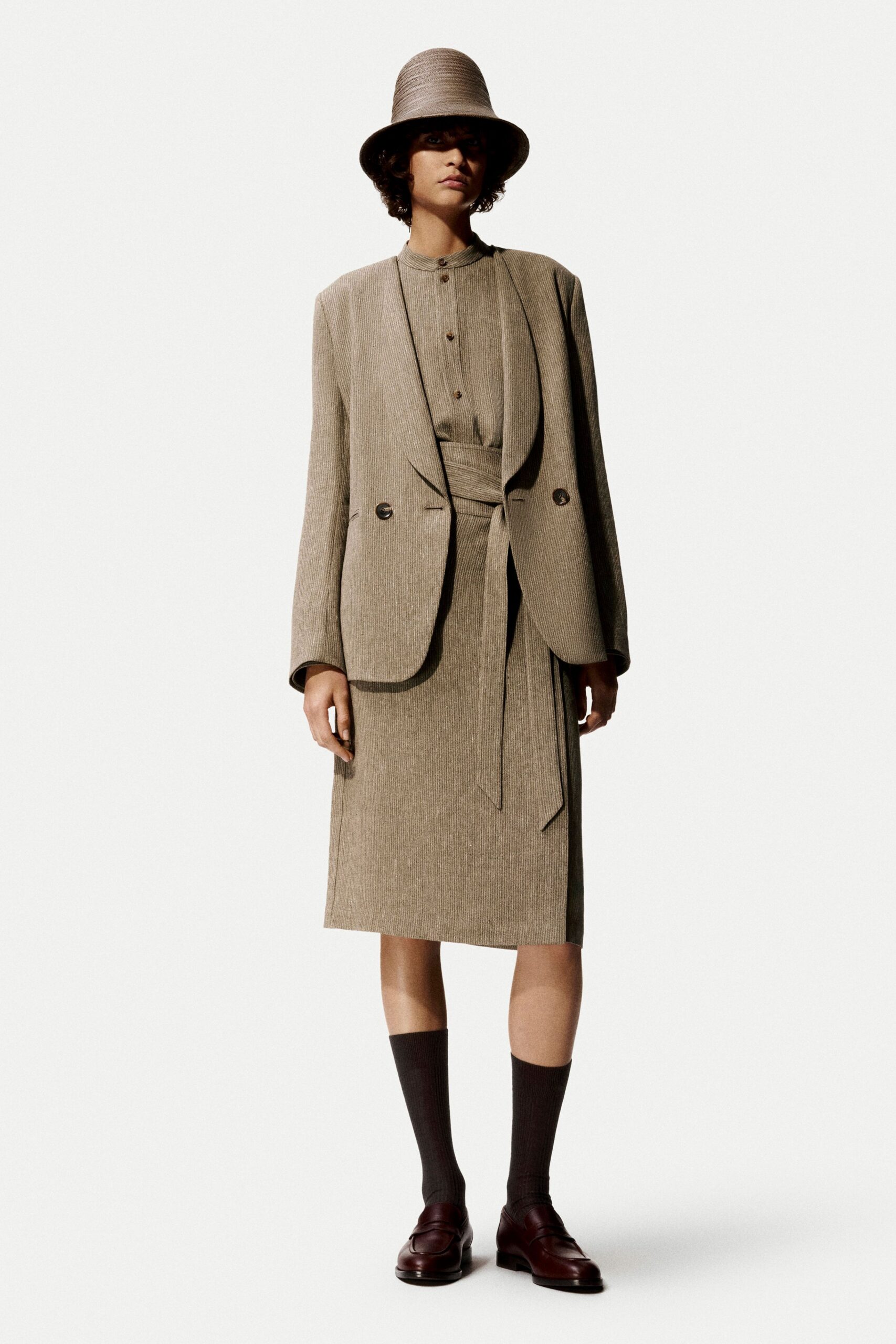 beige tailored blazer and skirt