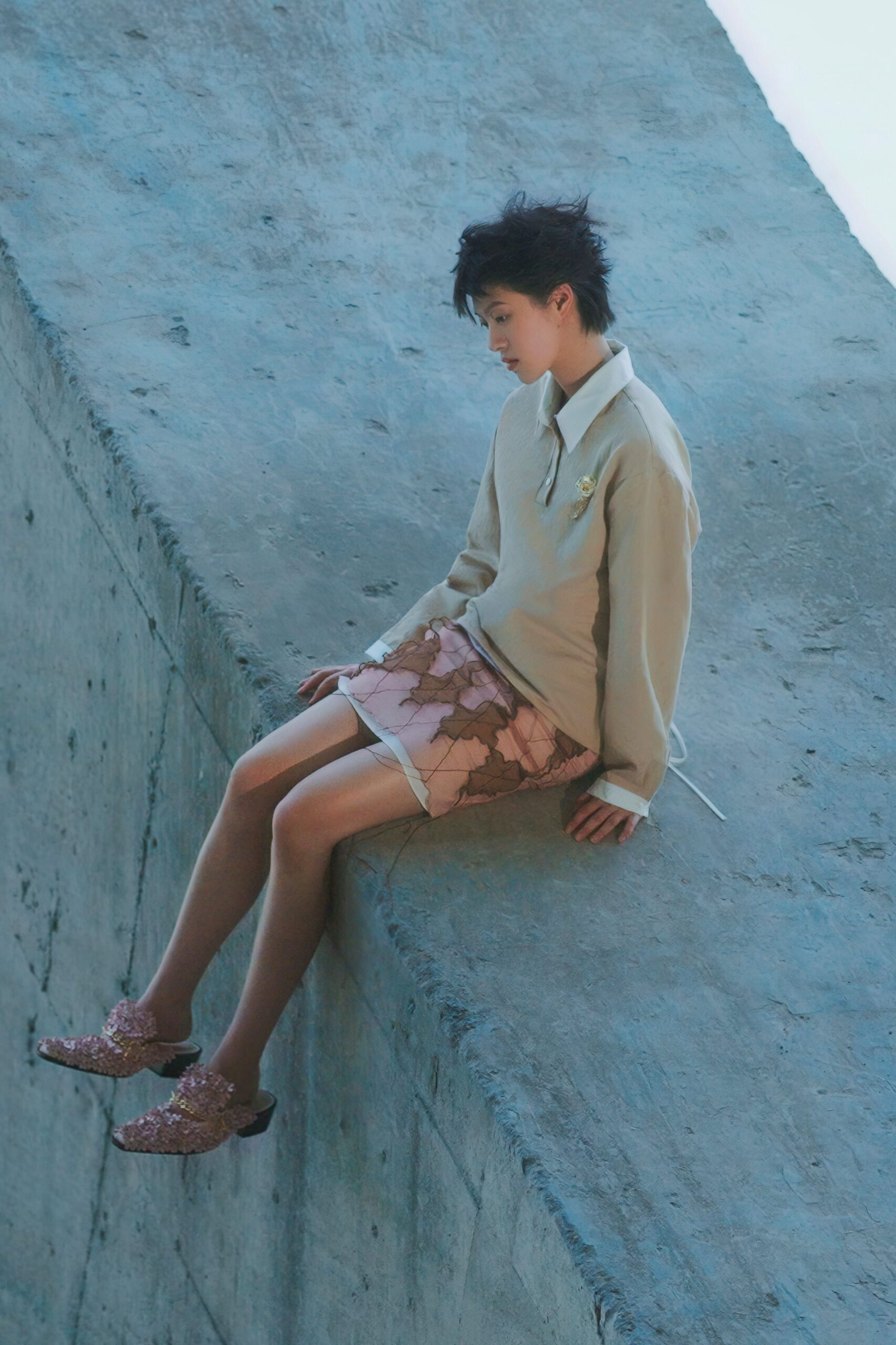 pink silk fitted flared mini skirt