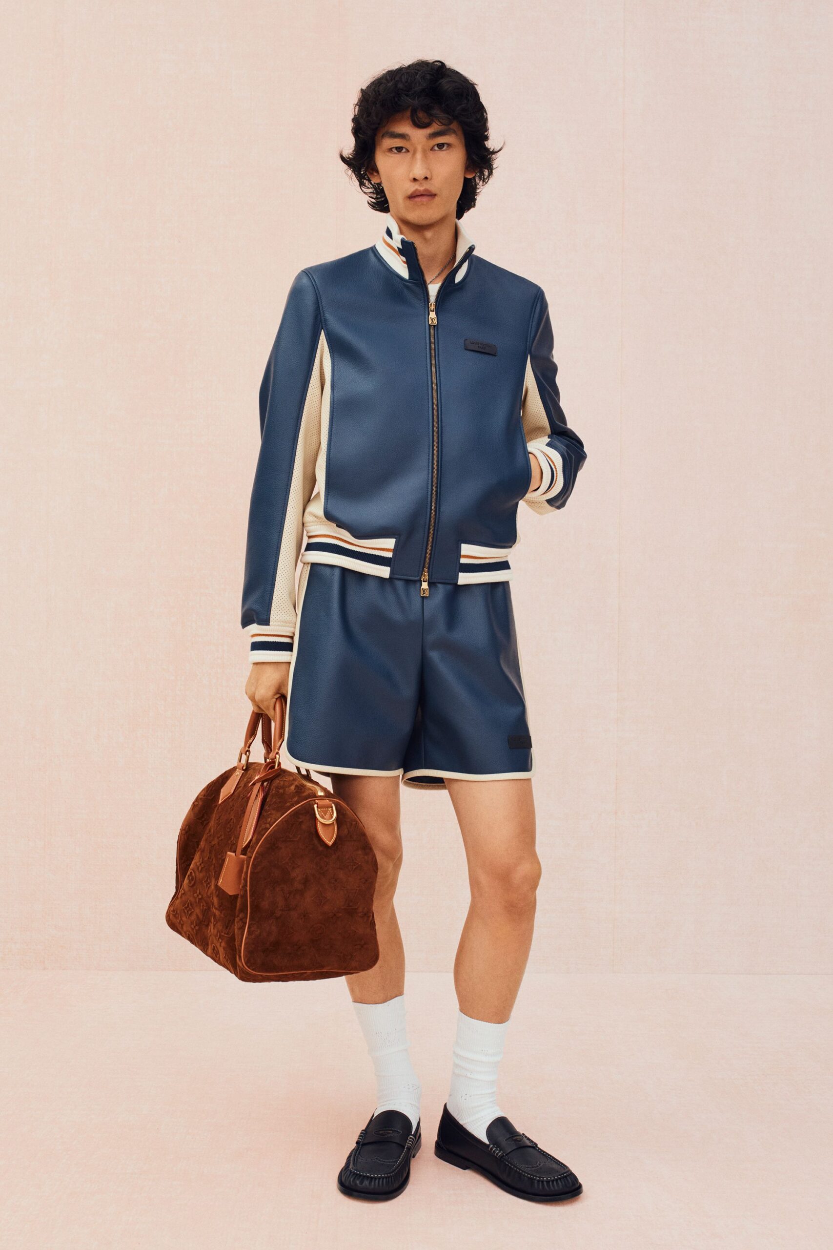 blue neoprene long-sleeve collared fitted zippered color-blocked jacket