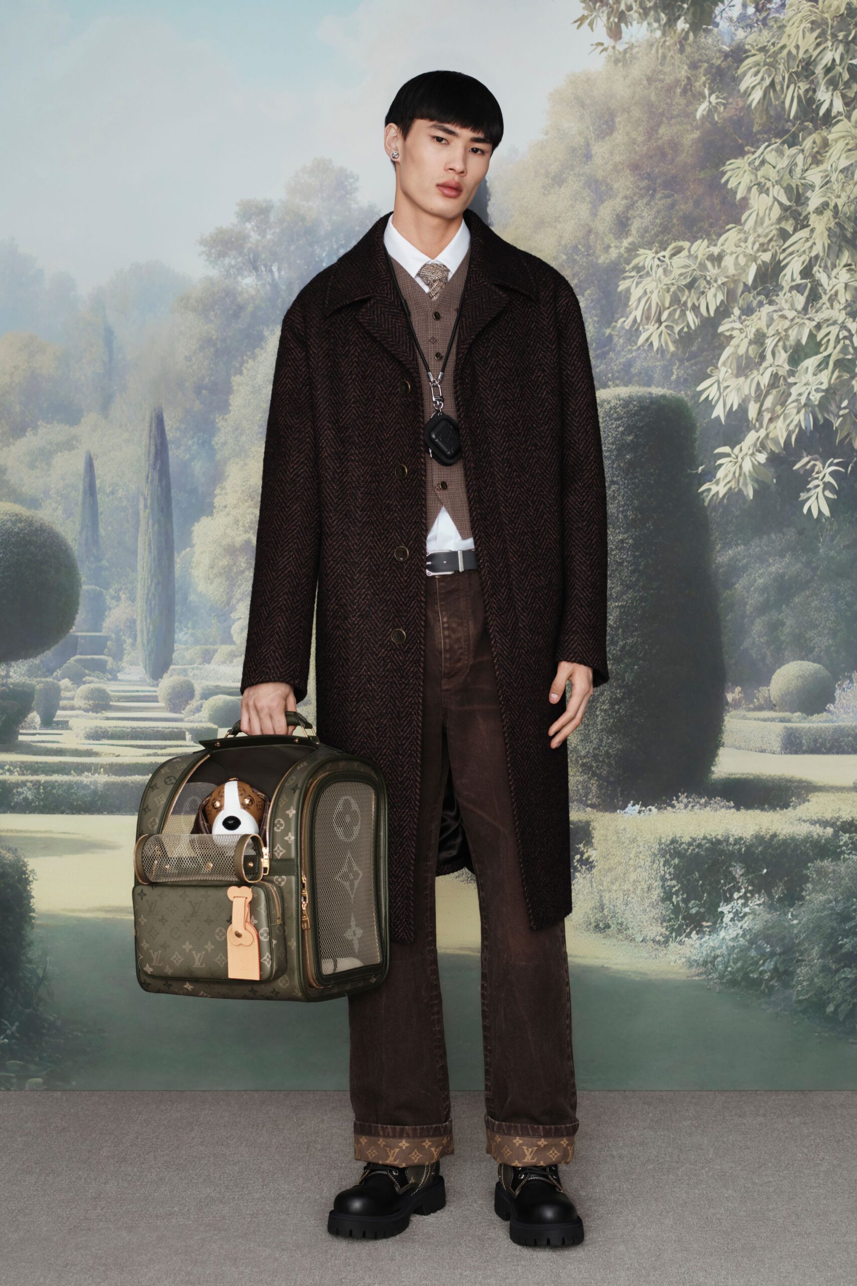 brown wool coat with gray sweater