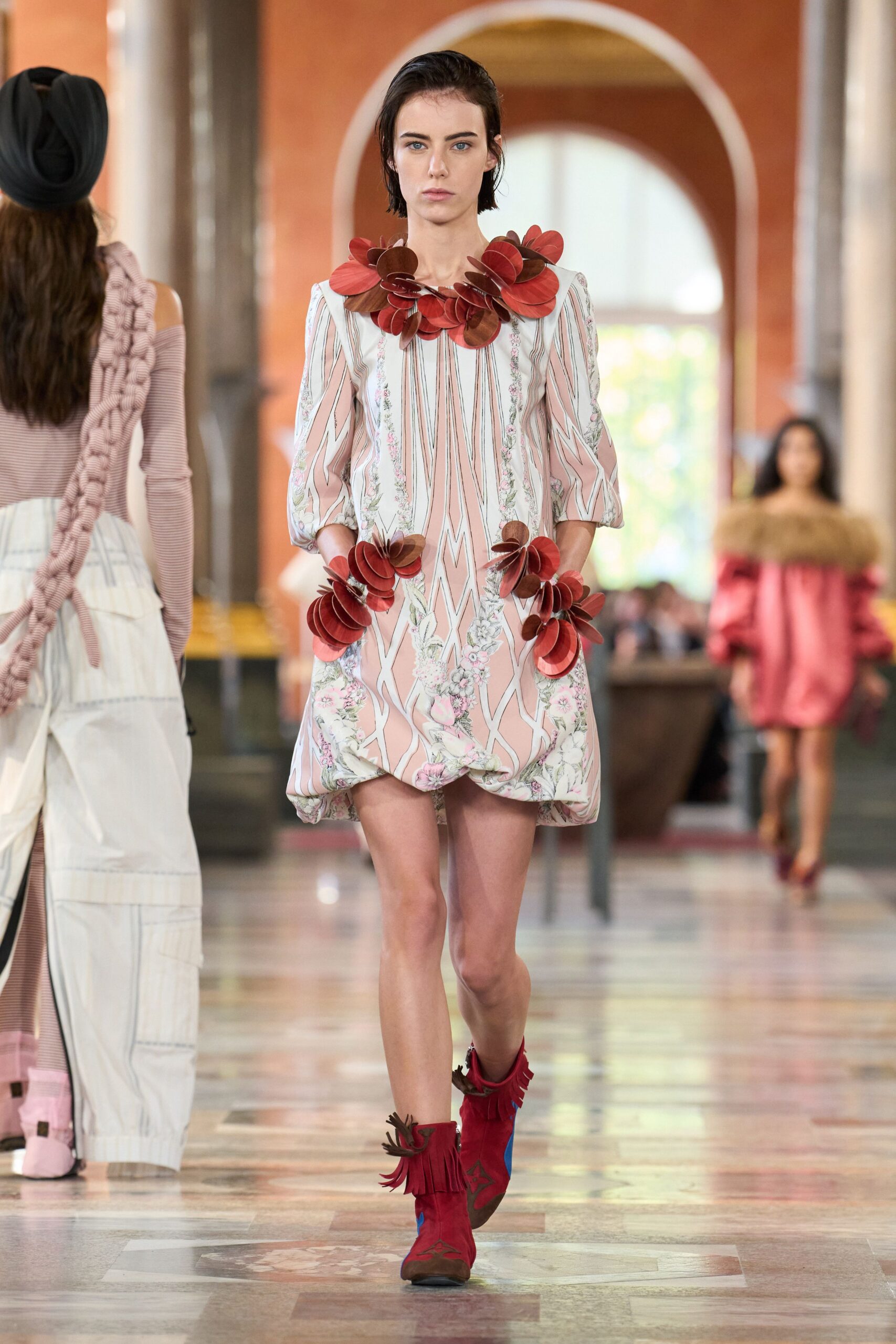 pink cotton long-sleeve collared fitted embroidered flared dress