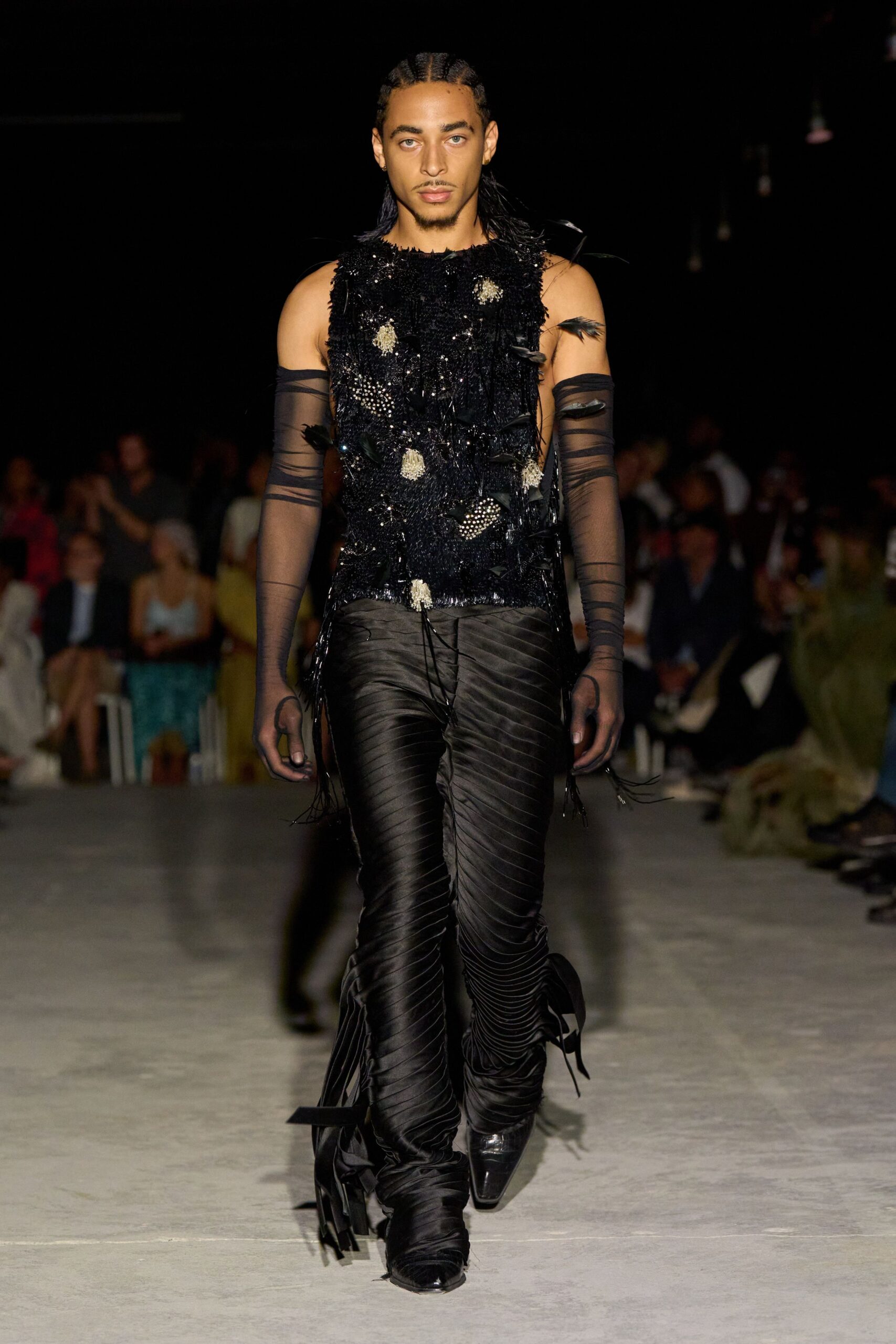 black silk fitted pleated pants