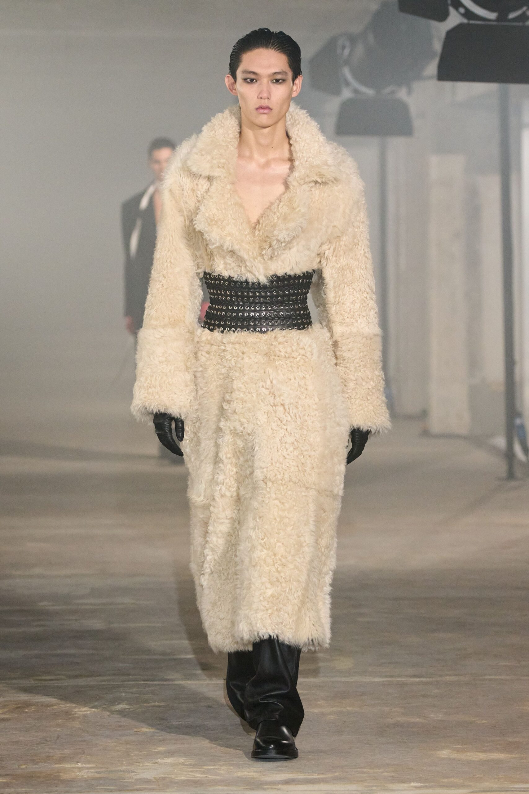 beige faux-fur belted coat