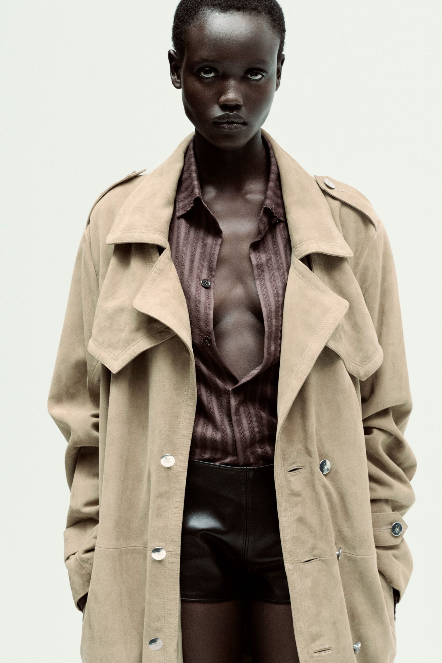 beige suede long-sleeve collared relaxed buttoned coat