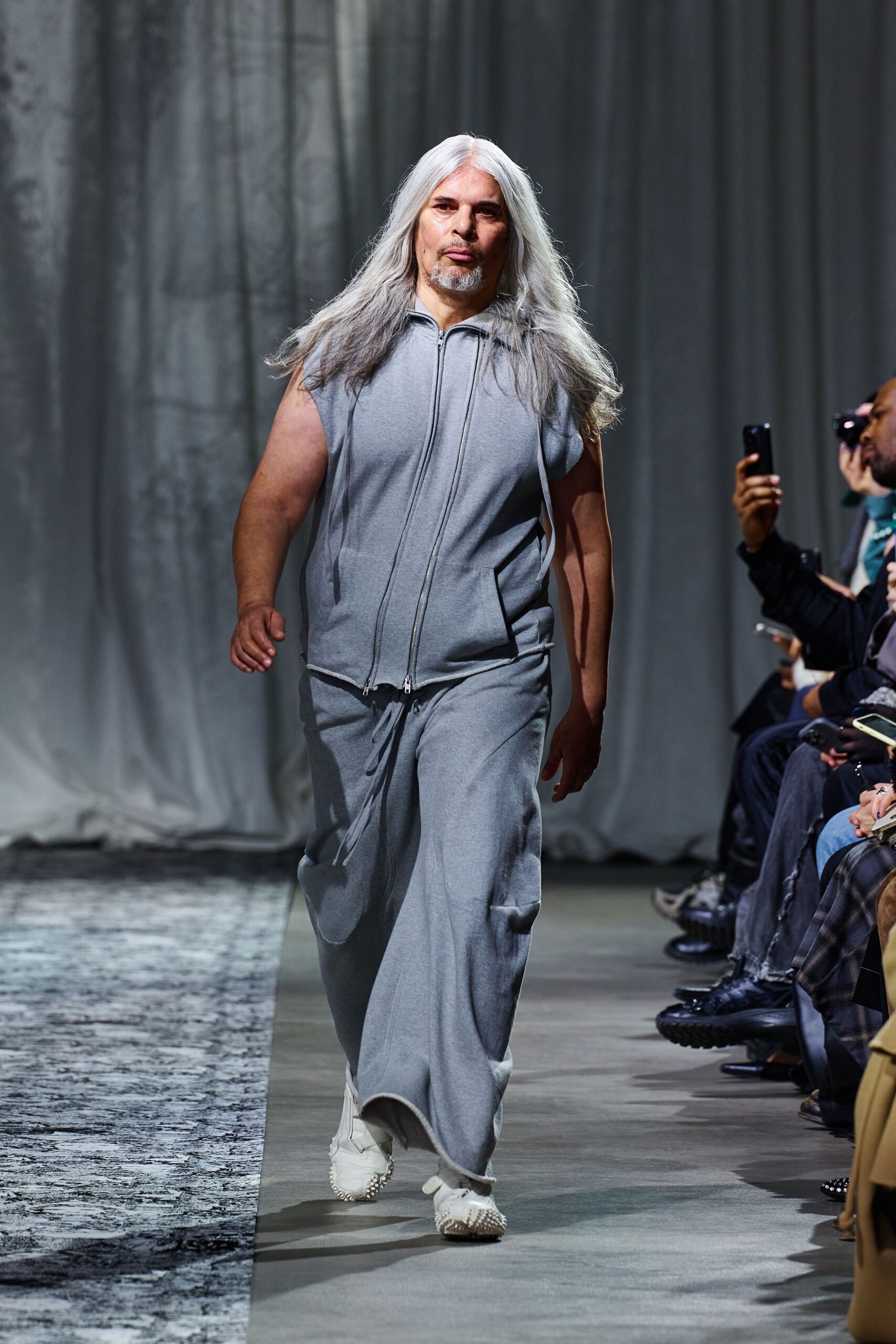 gray cotton sleeveless hooded relaxed zippered midi jumpsuit
