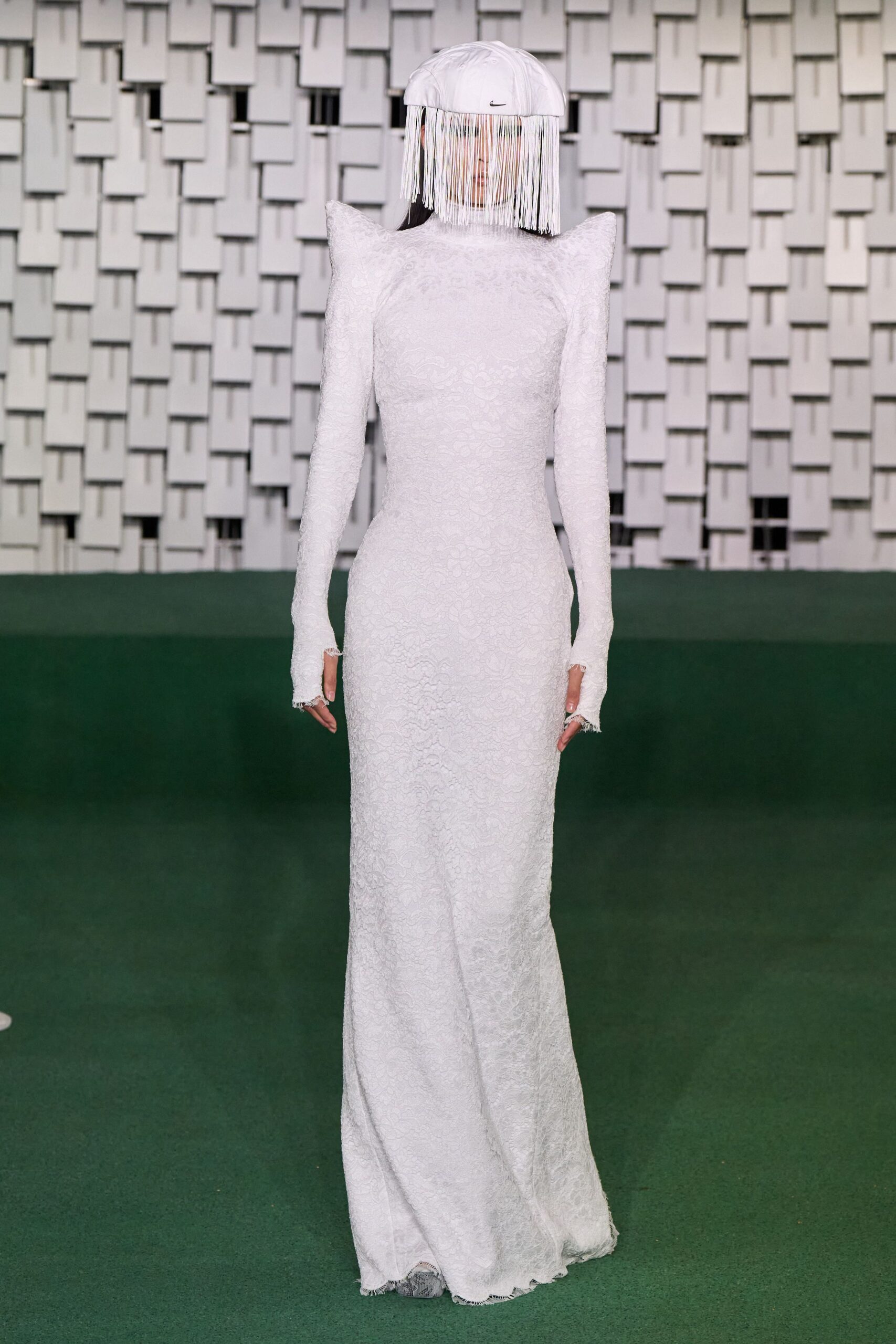white lace long-sleeve high-neck fitted pleated maxi gown