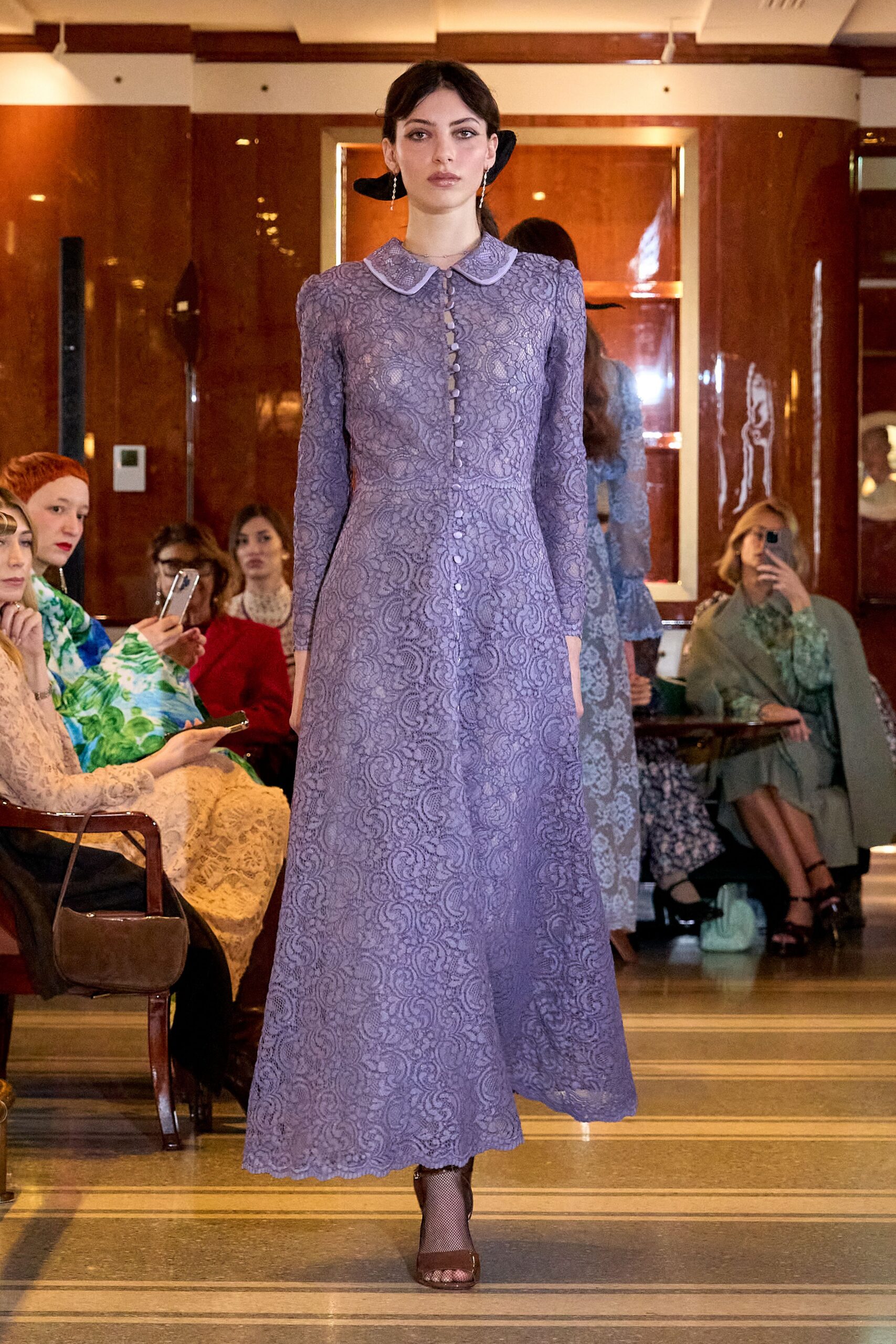 purple lace long-sleeve collared fitted embroidered maxi gown