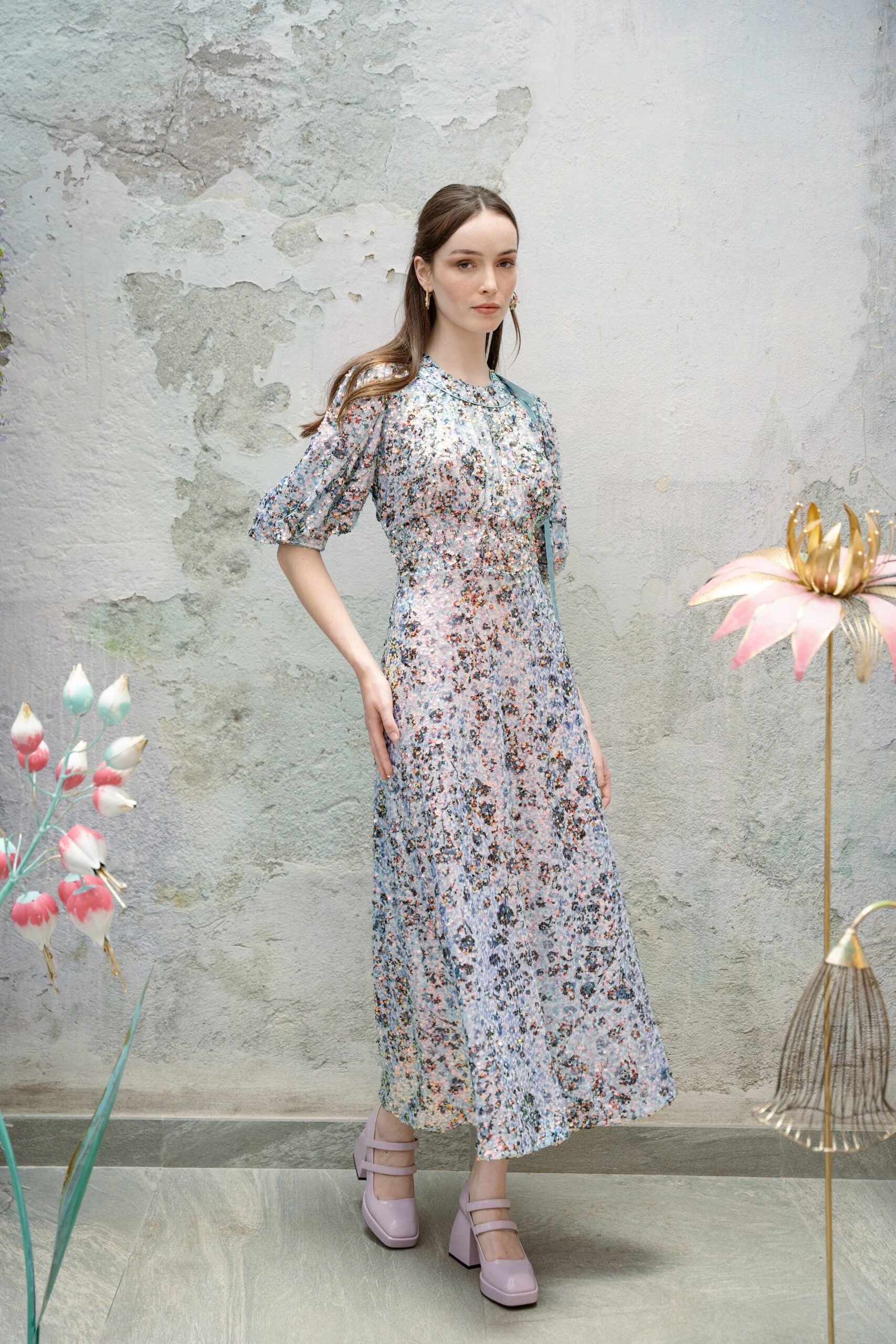multi cotton short-sleeve v-neck fitted floral tiered dress