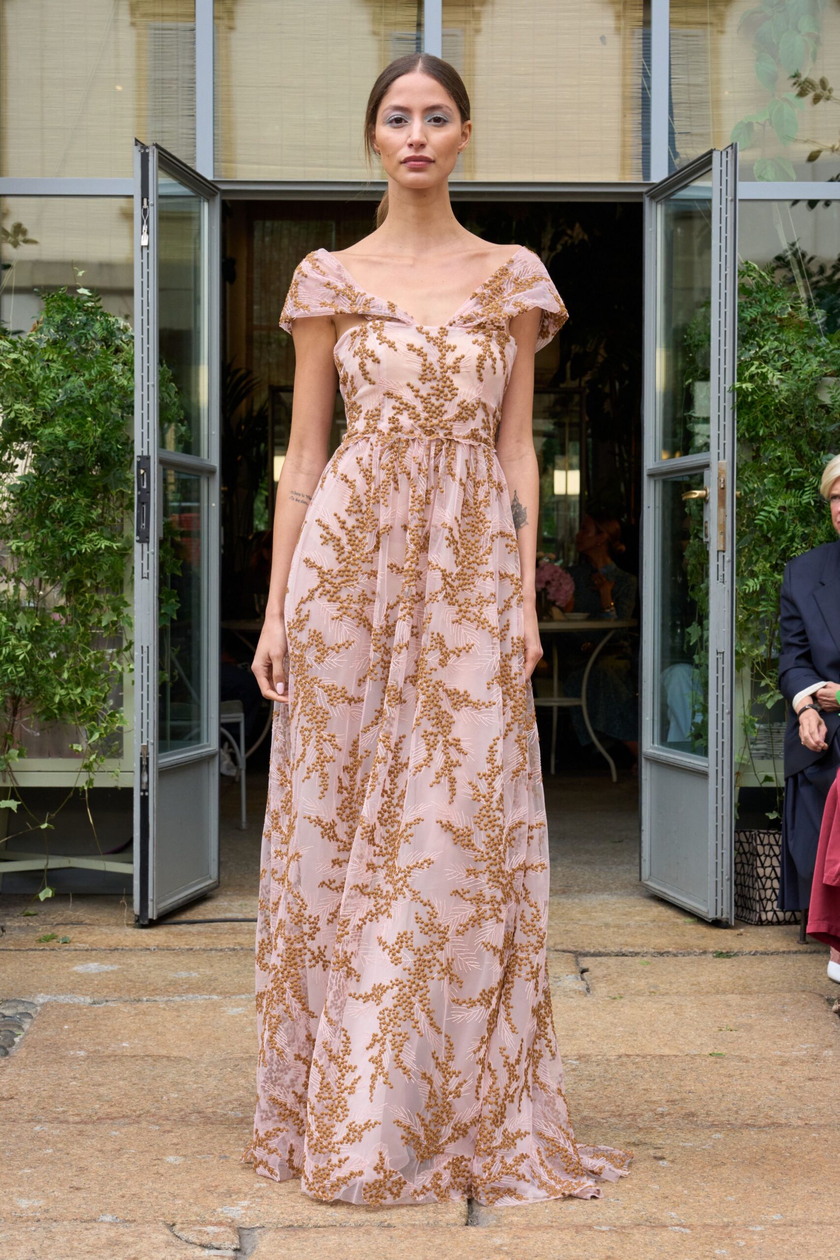 pink embroidered off-shoulder gown