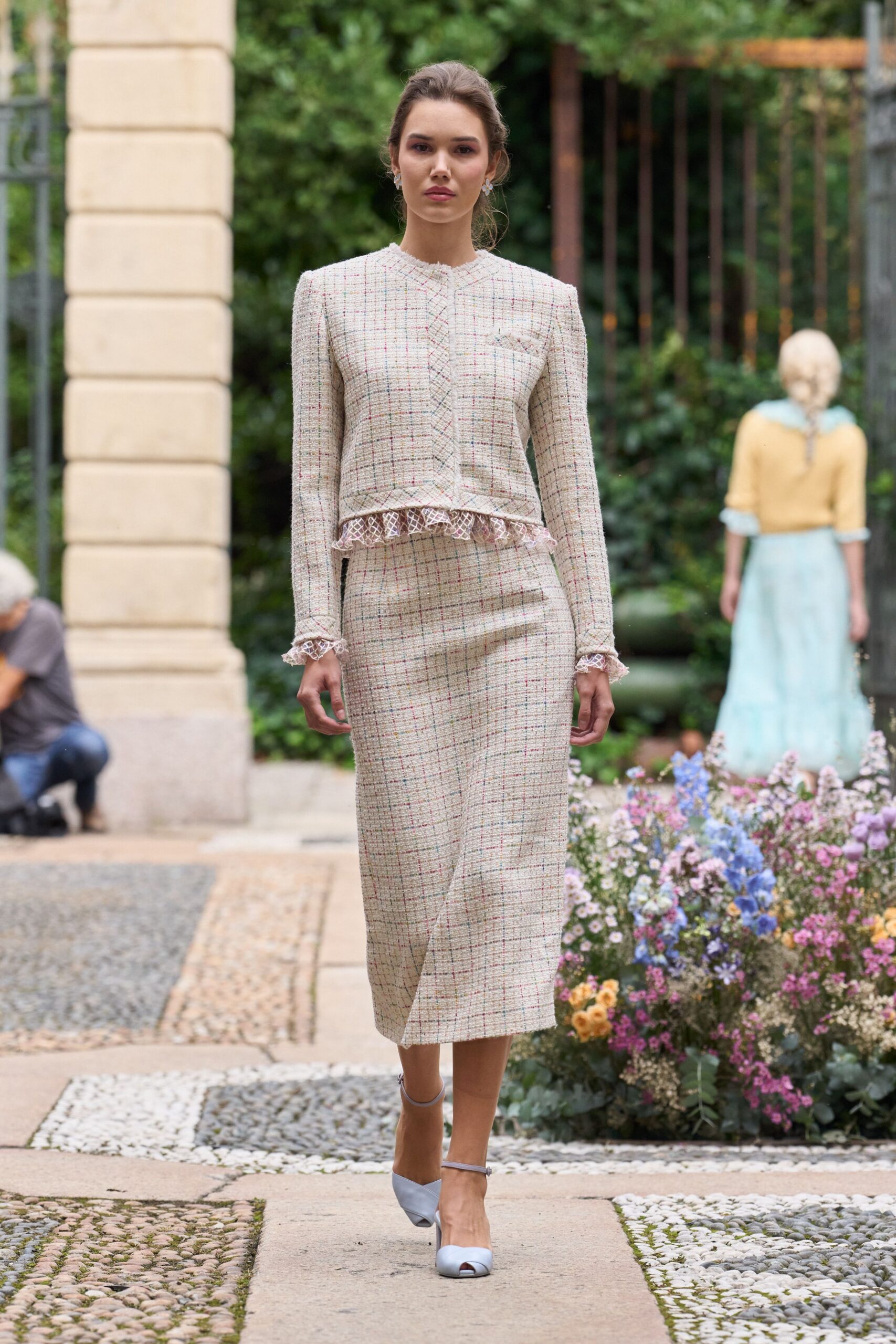 beige tweed long-sleeve collared fitted pleated layered dress
