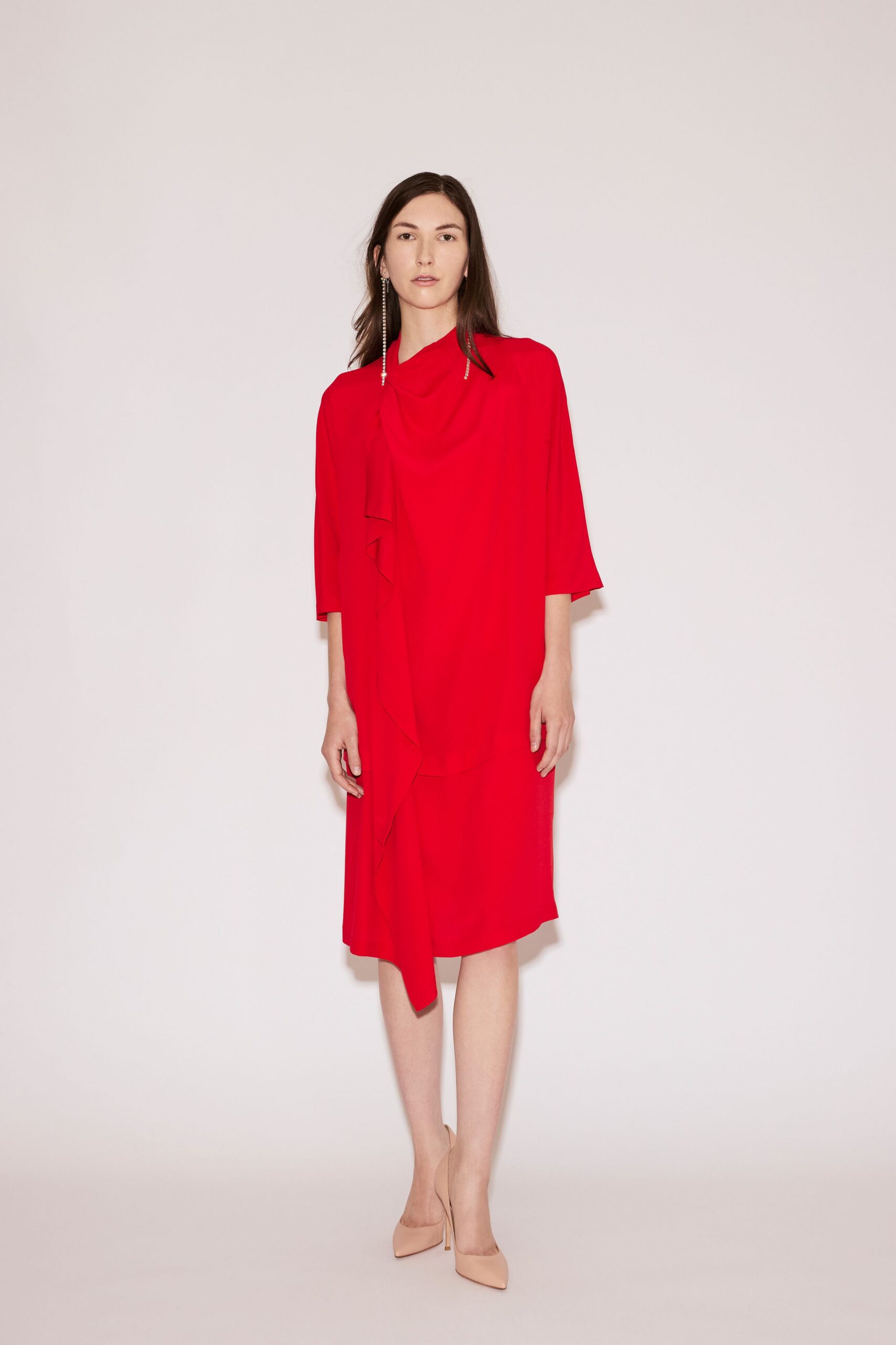 red silk long-sleeve collared relaxed draped midi dress