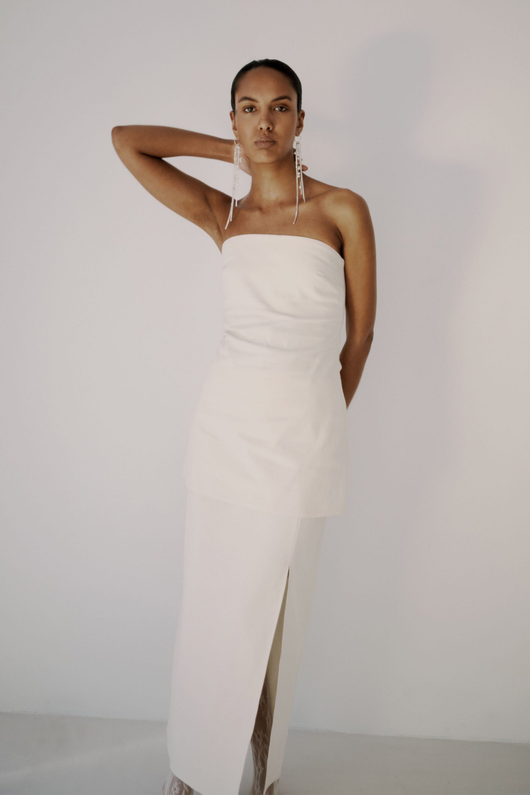 white strapless maxi dress
