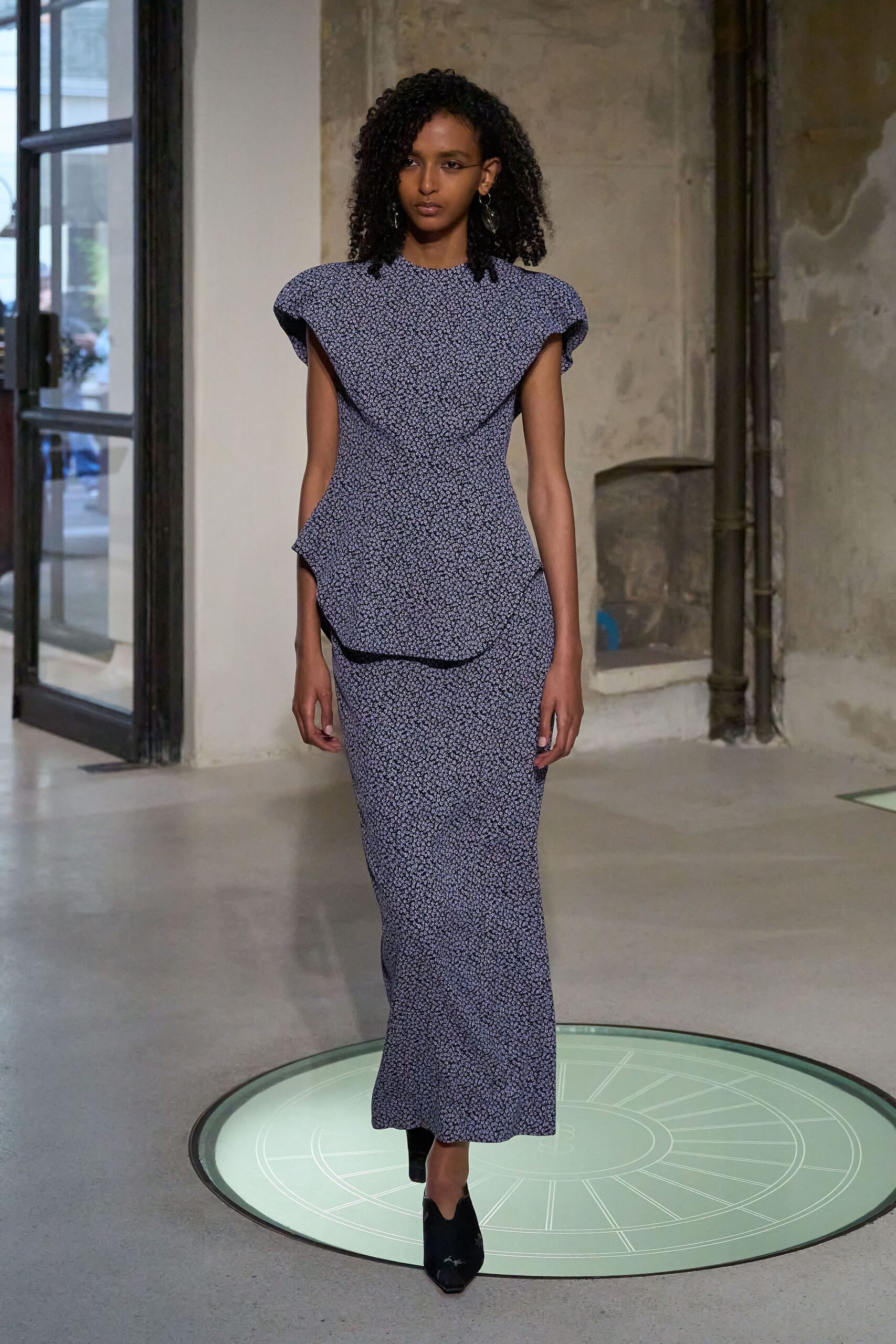 blue cotton sleeveless high-neck fitted draped pencil dress