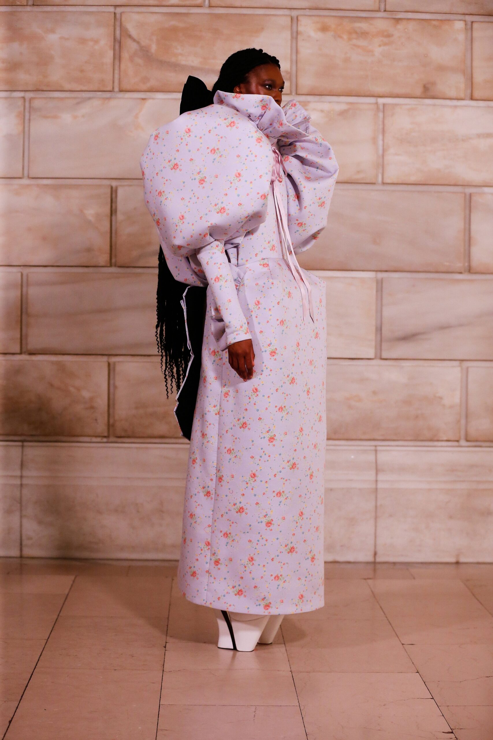 blue cotton long-sleeve high-neck fitted floral padded gown