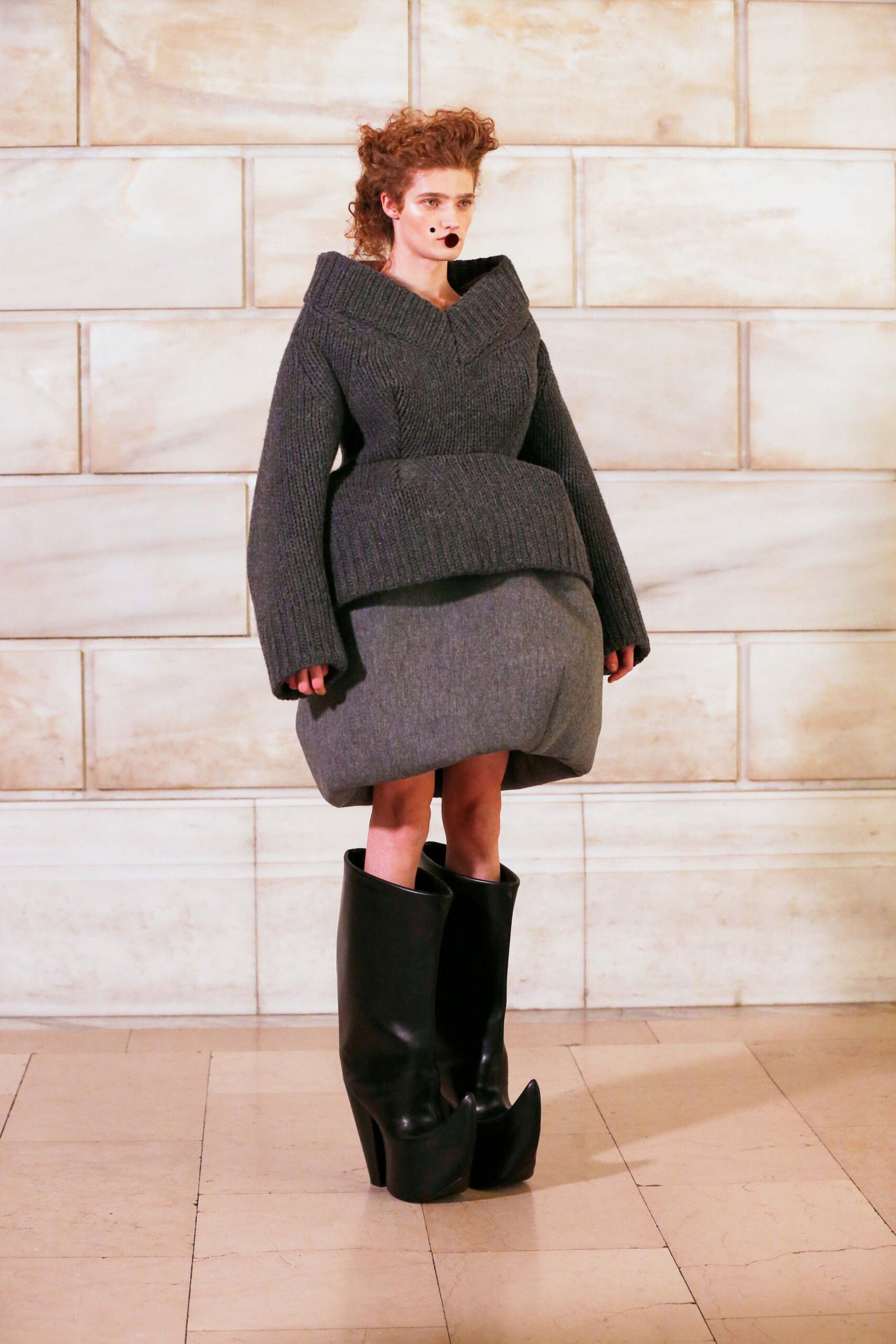 gray wool long-sleeve v-neck oversized pleated mini dress
