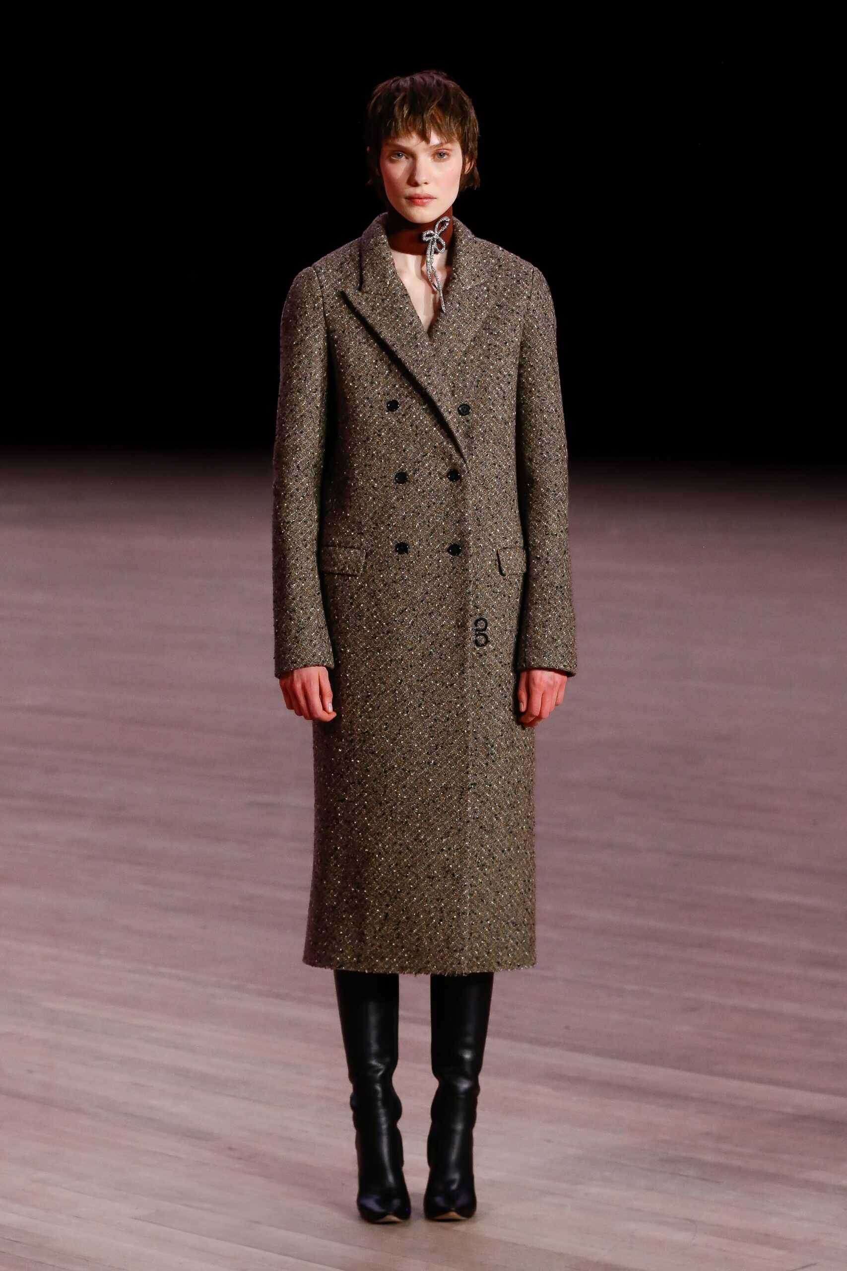 brown tweed long-sleeve collared tailored buttoned midi coat