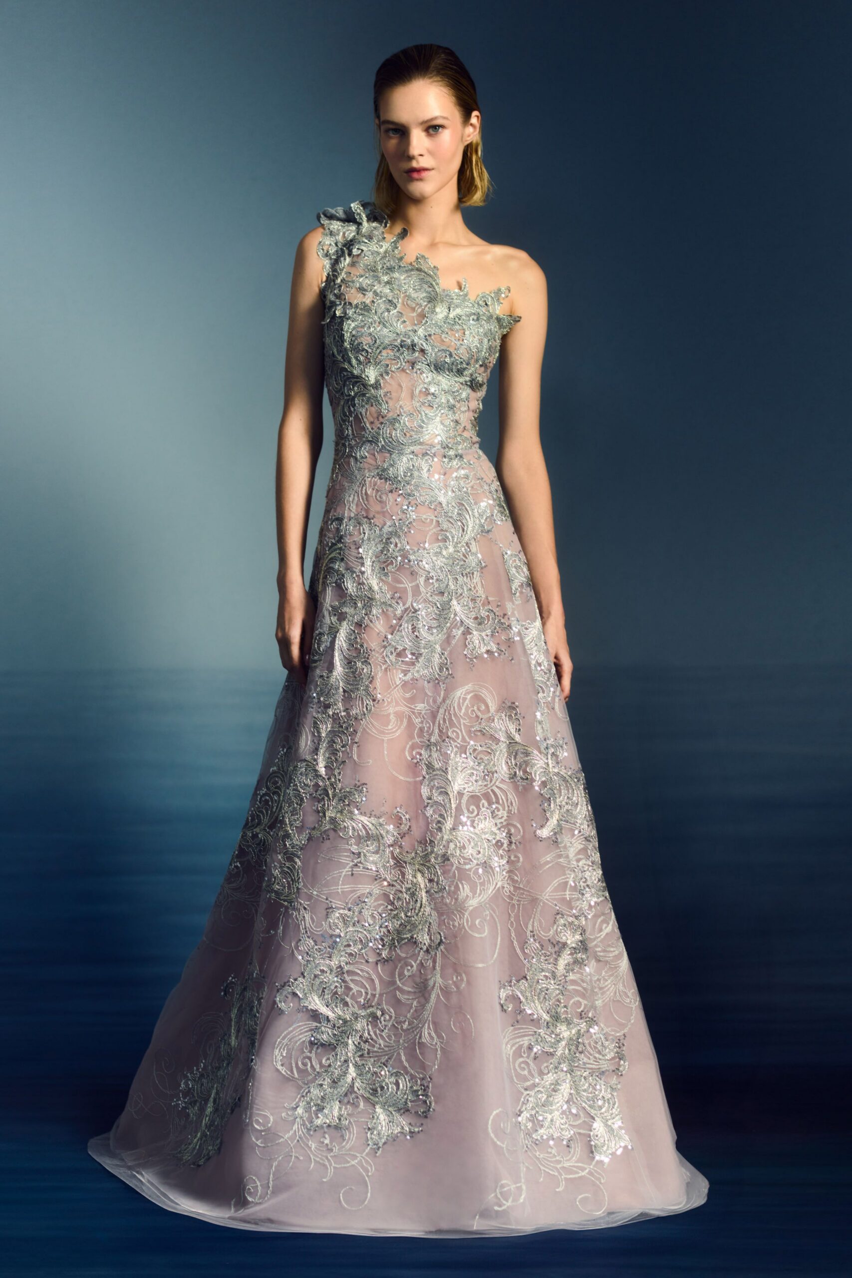 pink embroidered off-shoulder gown