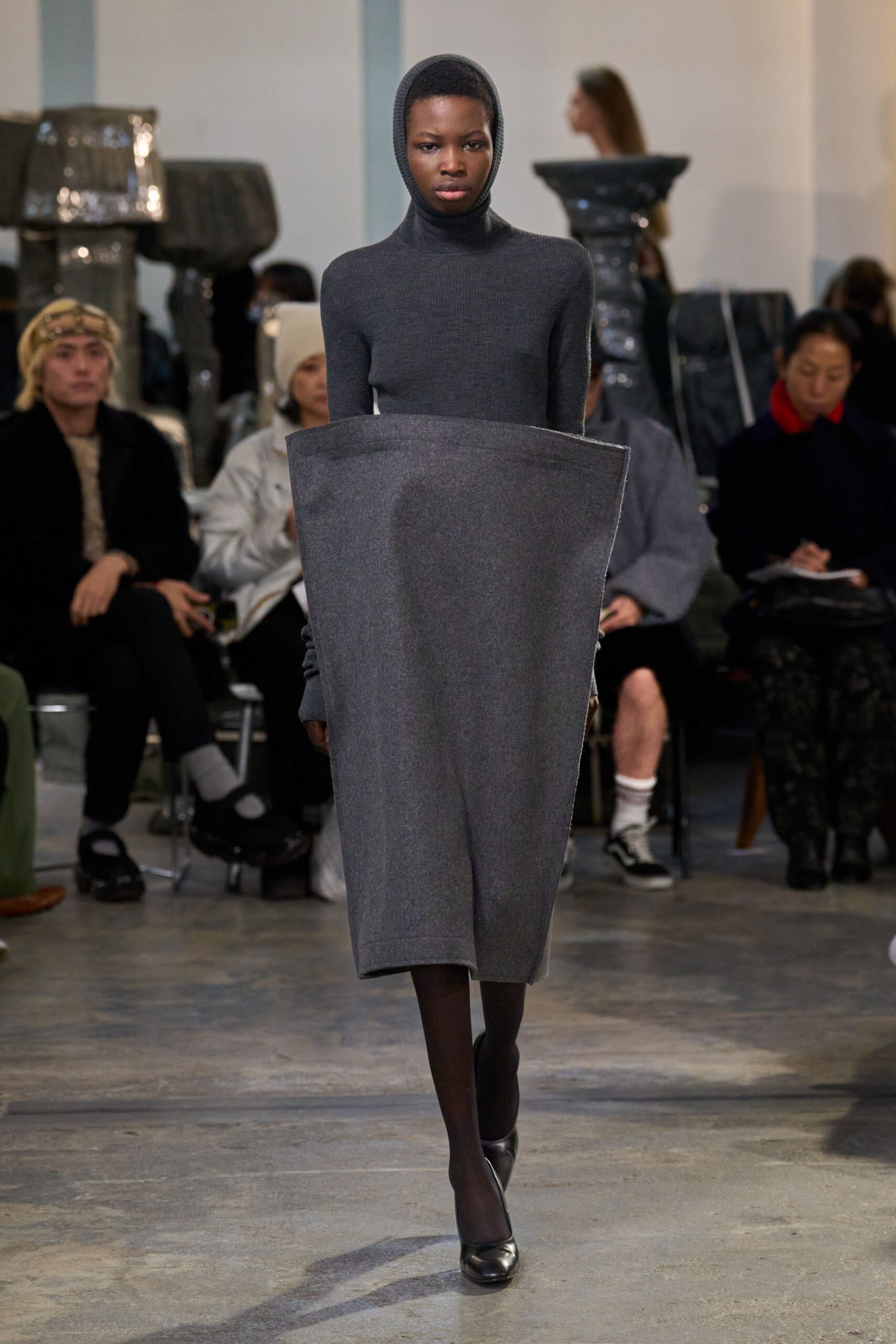 gray wool fitted midi dress with shoes