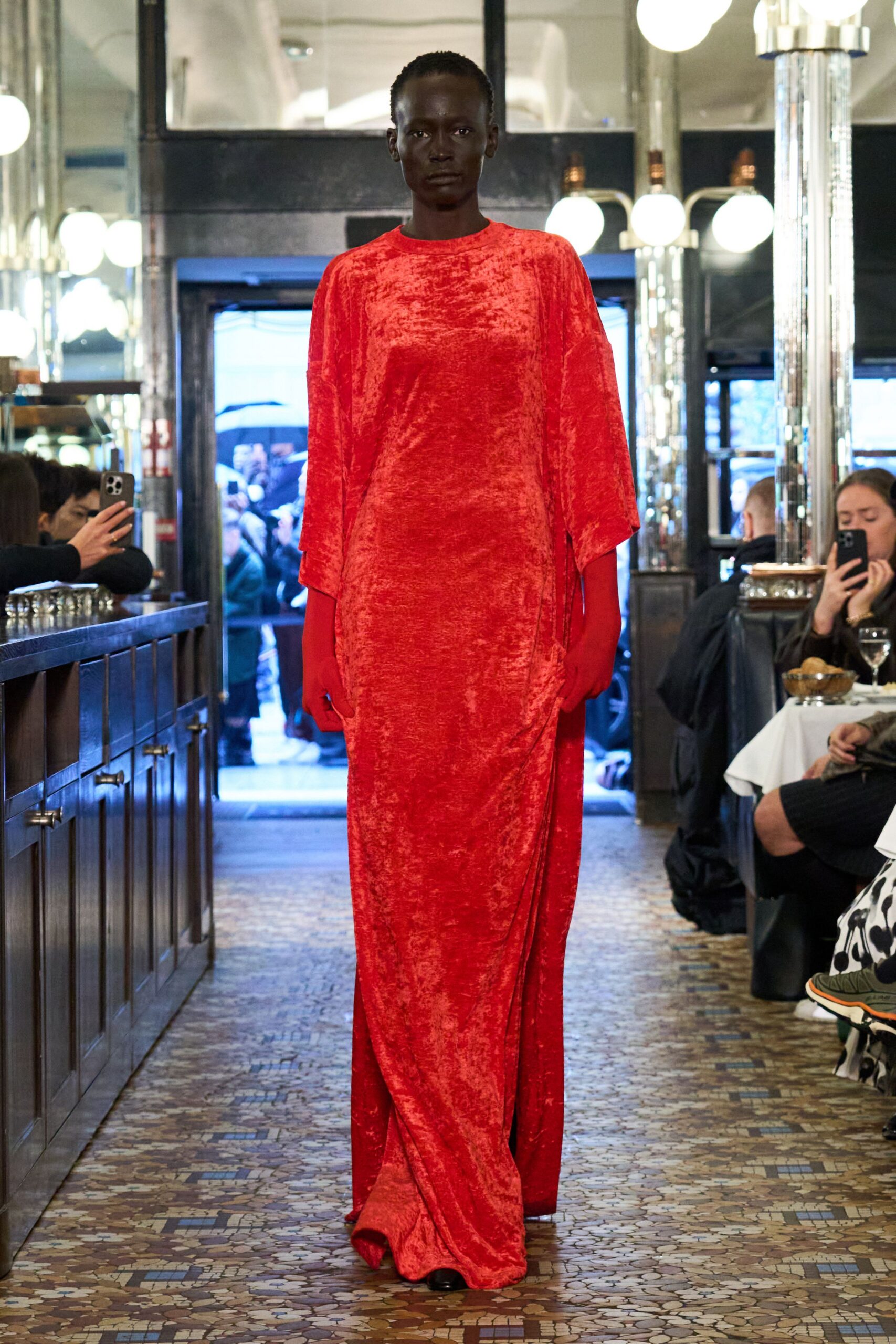 red velvet long-sleeve gown