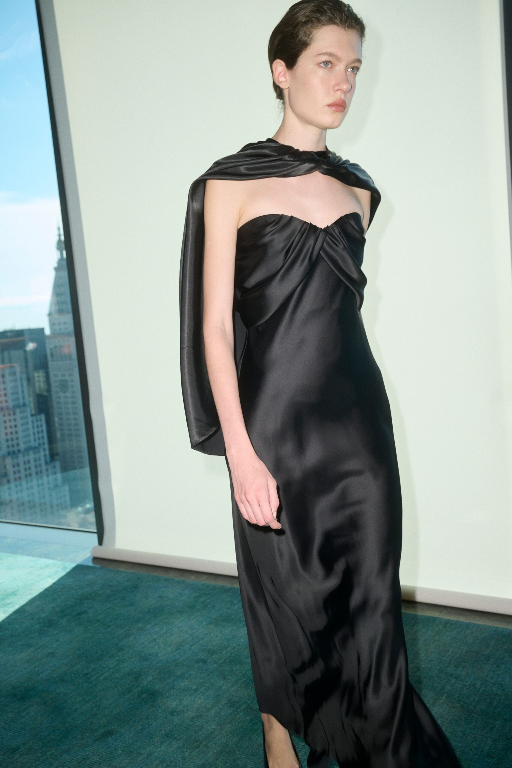 black silk gown with cape