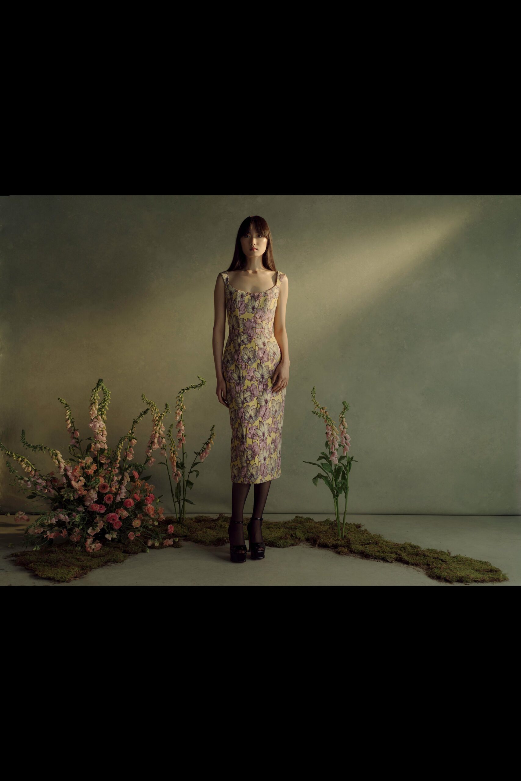floral midi dress with platform shoes