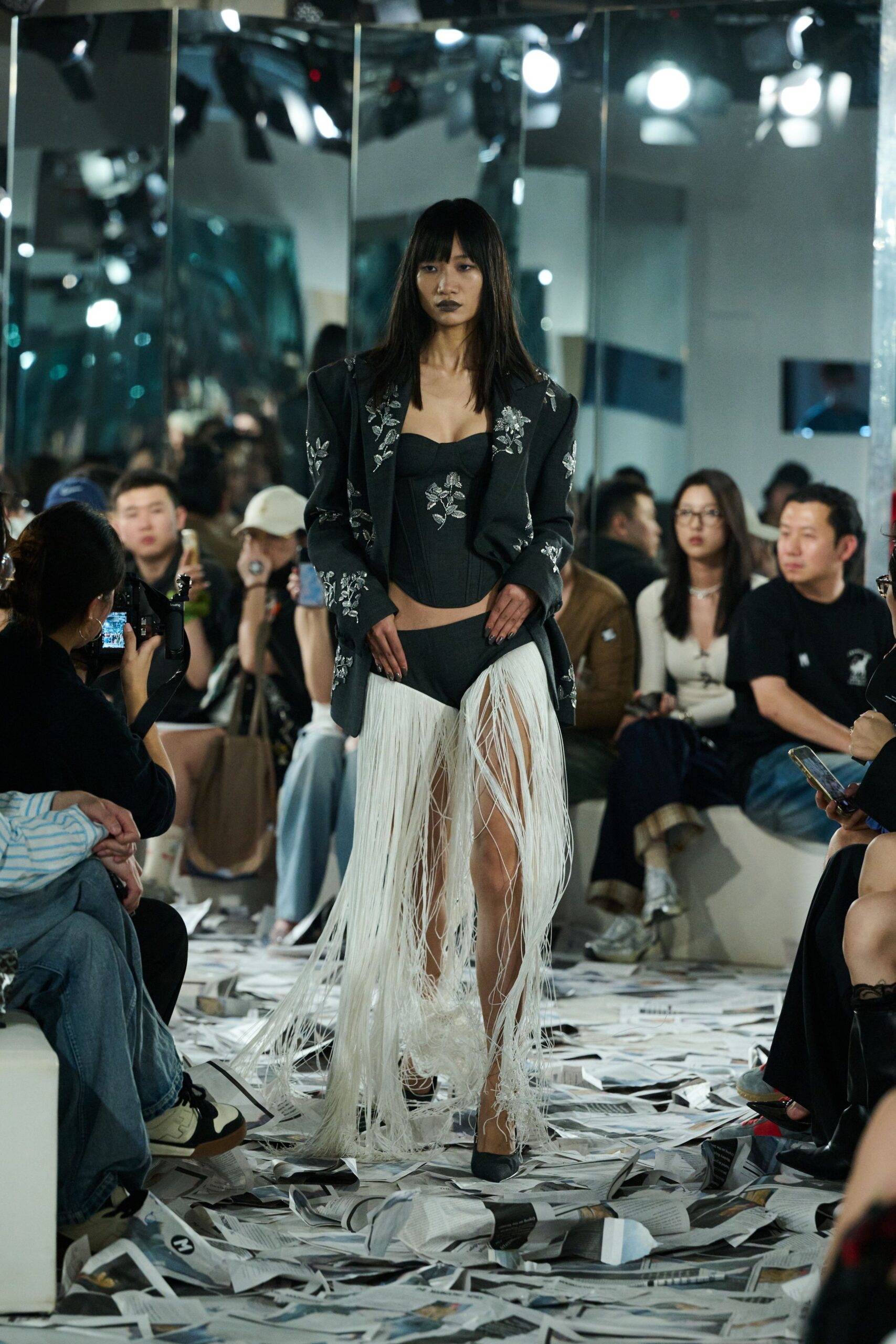 black blazer with fringed skirt