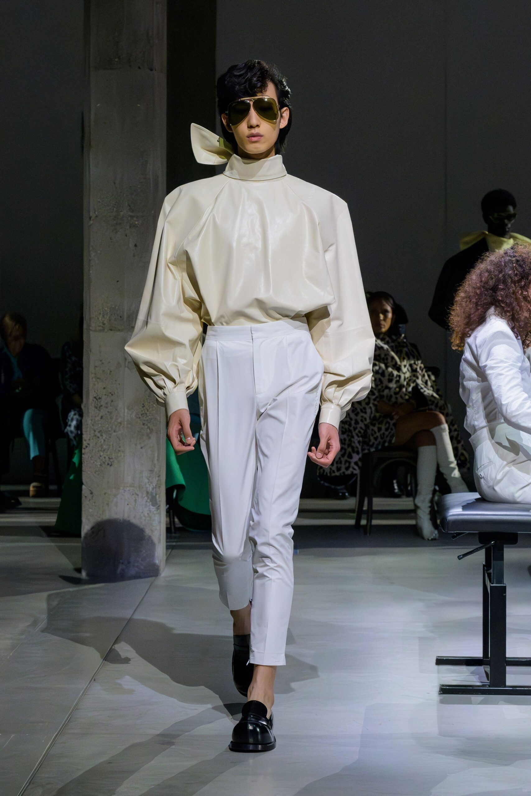 white cotton long-sleeve high-neck relaxed padded zippered top