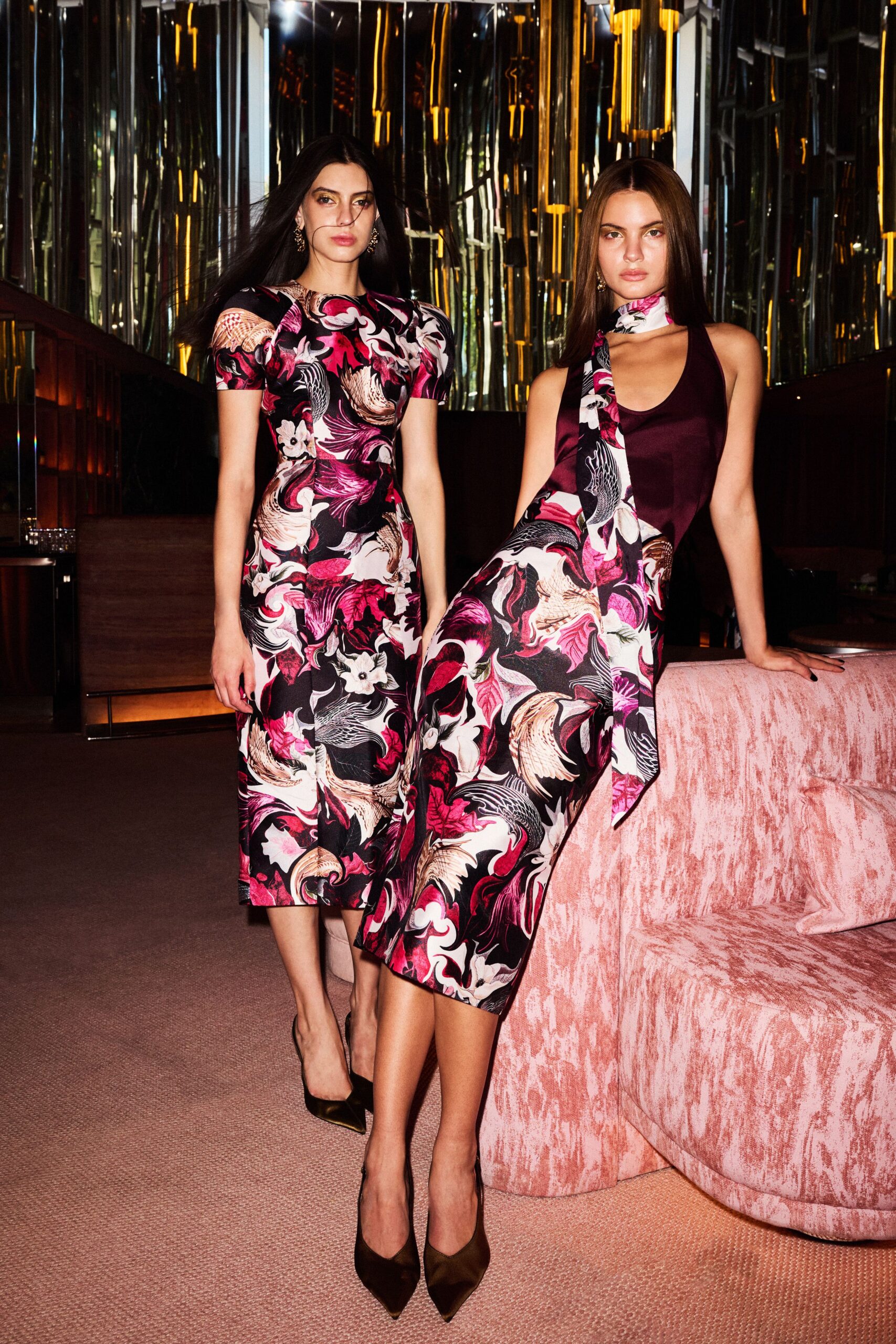 pink silk short-sleeve v-neck fitted printed midi dress