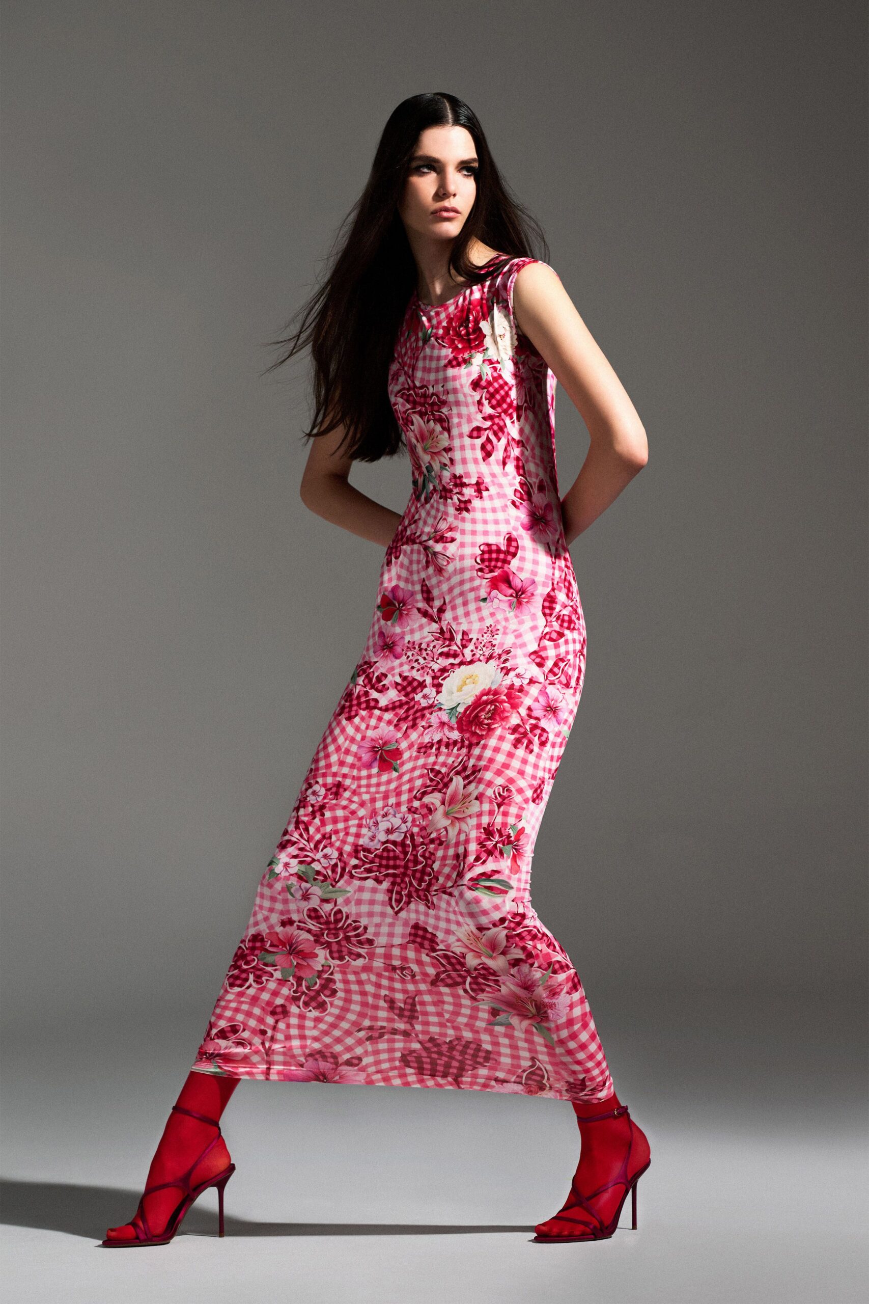 pink silk sleeveless high-neck fitted floral printed gown